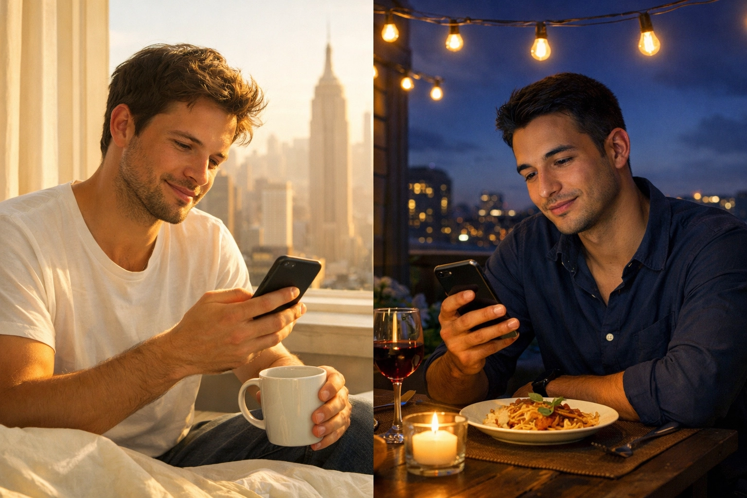 Gay couple in different time zones checking phones showing MM romance reality