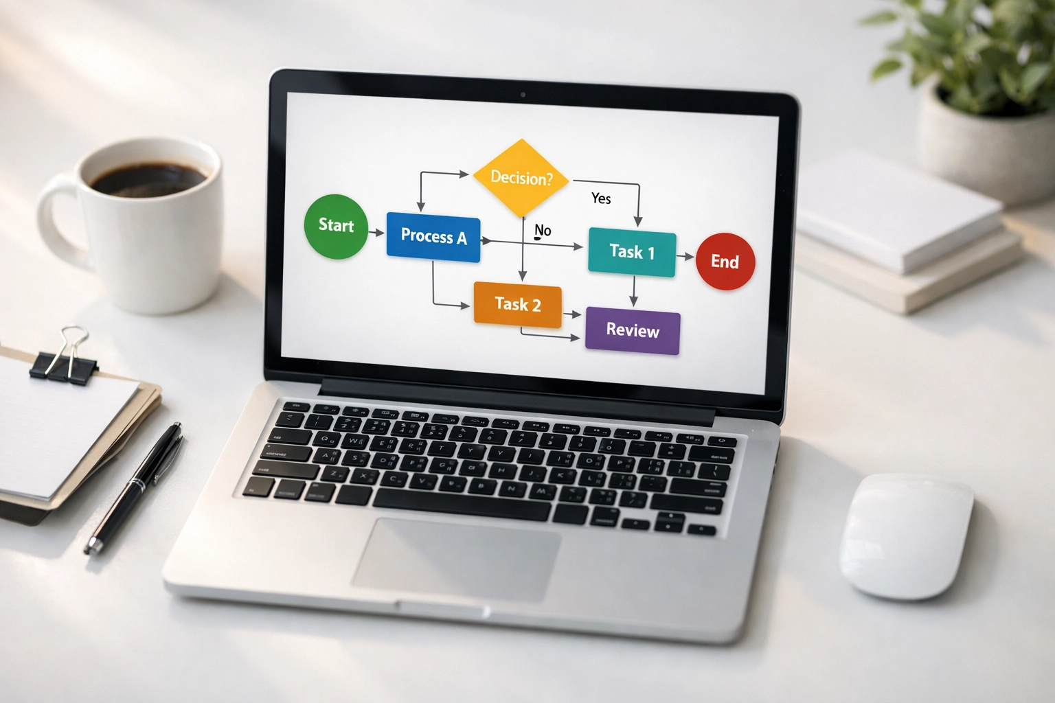 Laptop displaying workflow automation diagram on organized desk for business systems