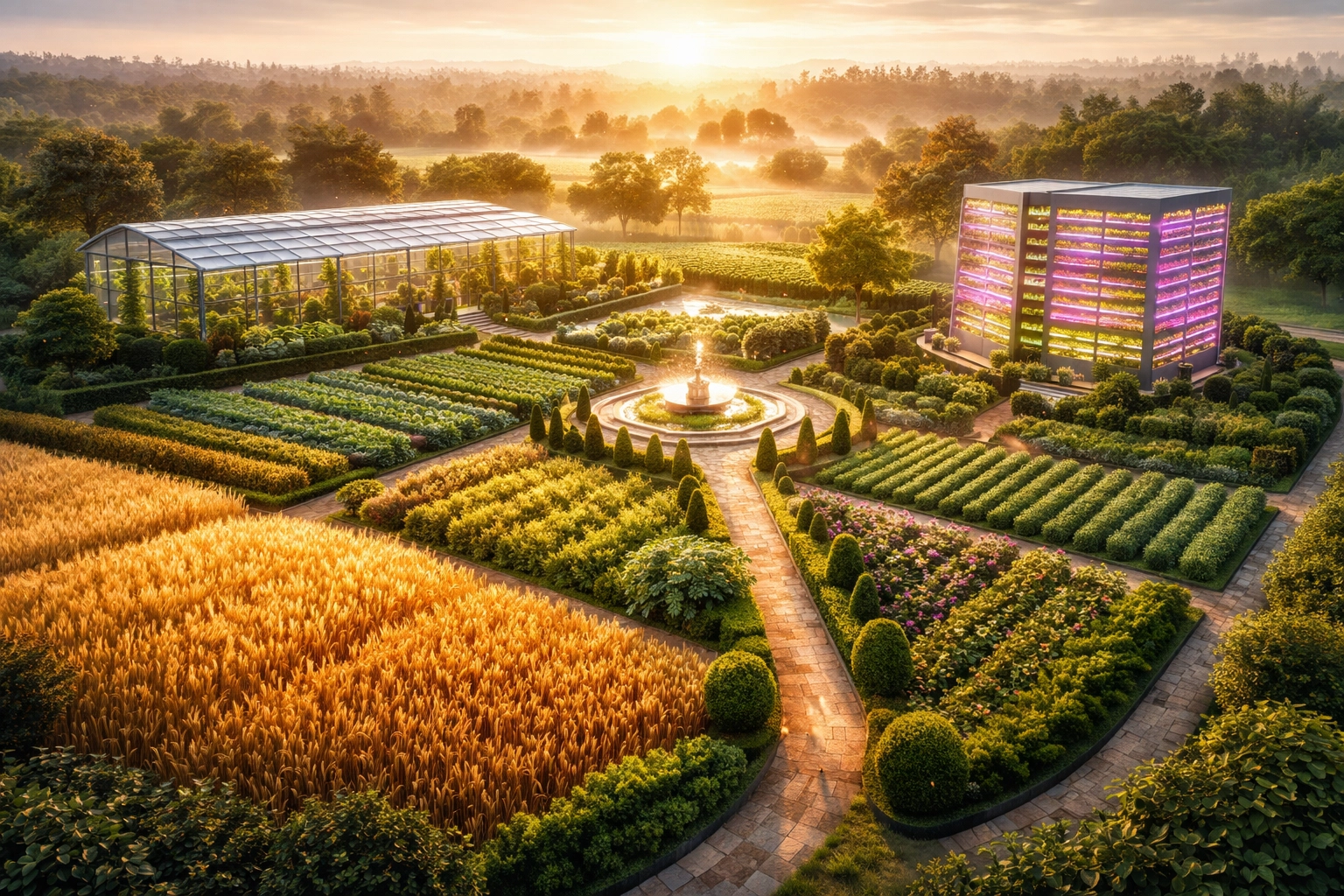Aerial view of symbolic investment garden representing diversification across asset classes in wealth management
