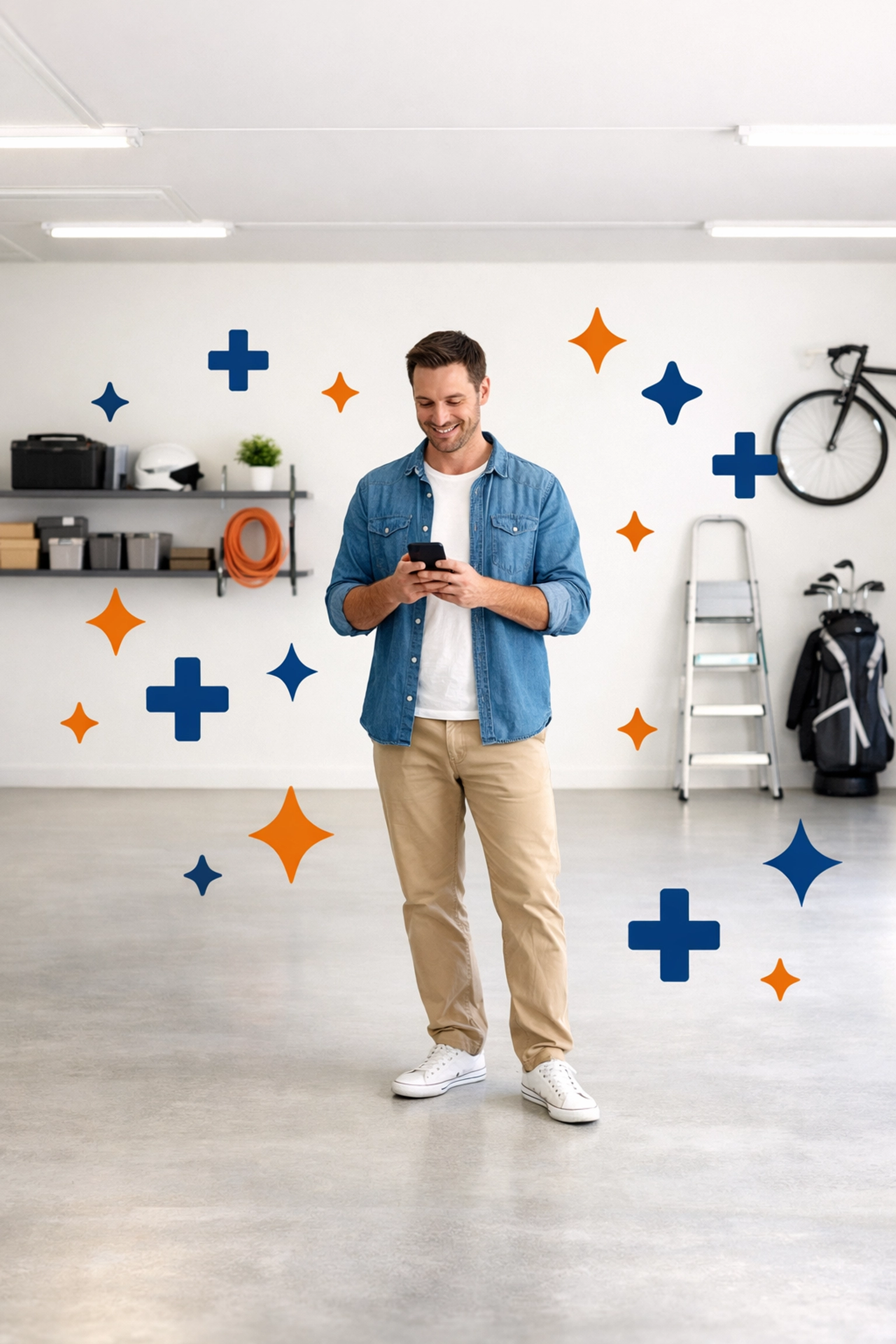 A clean, minimalist garage showing the freedom of a decluttered home using a tool sharing app.