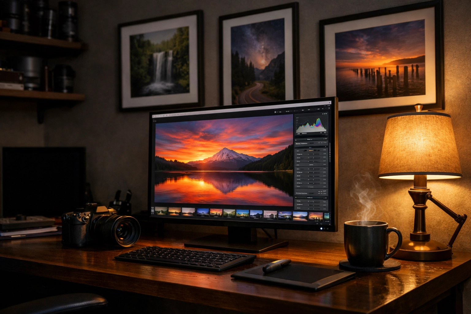 A professional photo editing workspace with physical prints, representing today's photography news workflow.