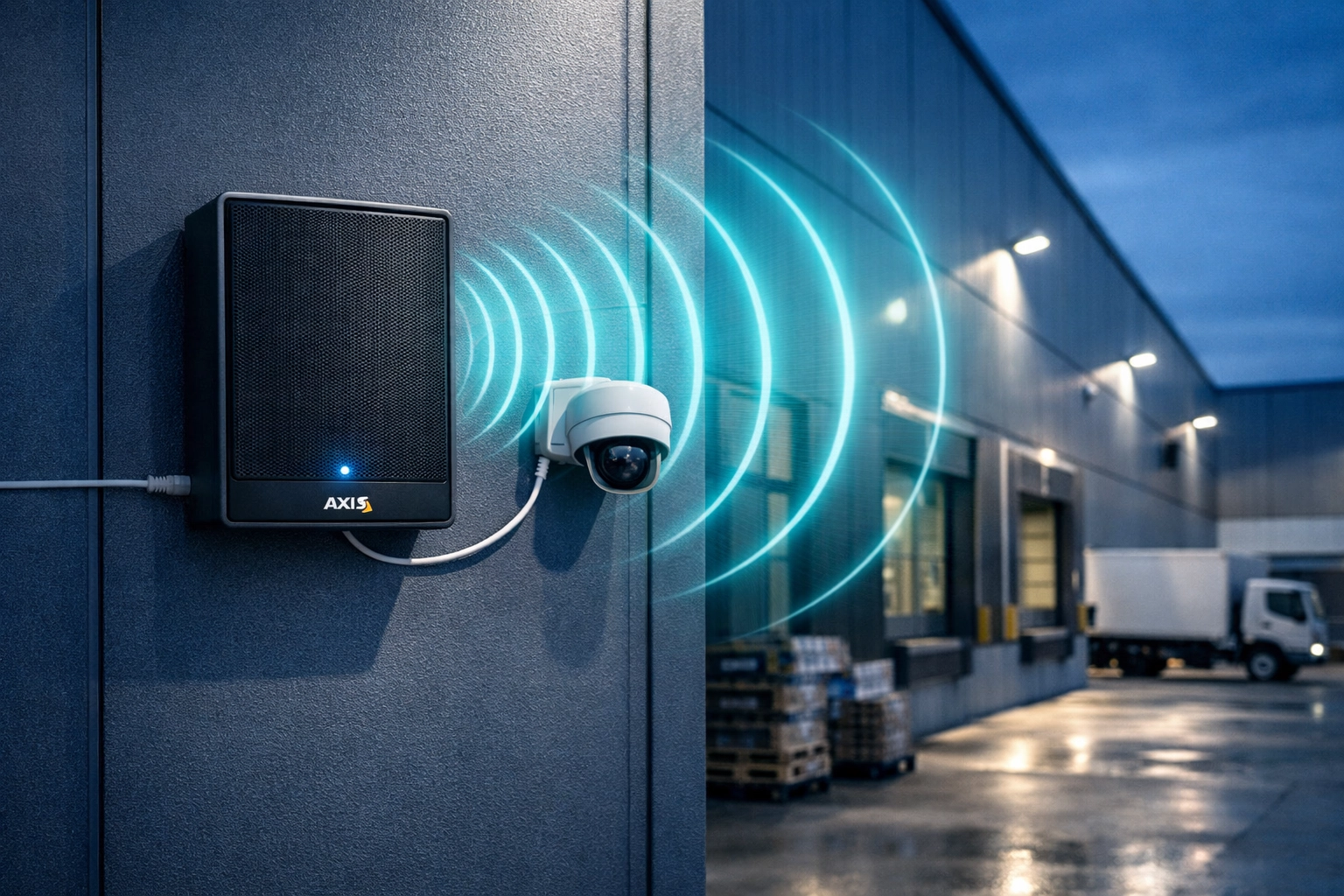 Axis network speaker and IP camera mounted on warehouse wall for integrated security coverage