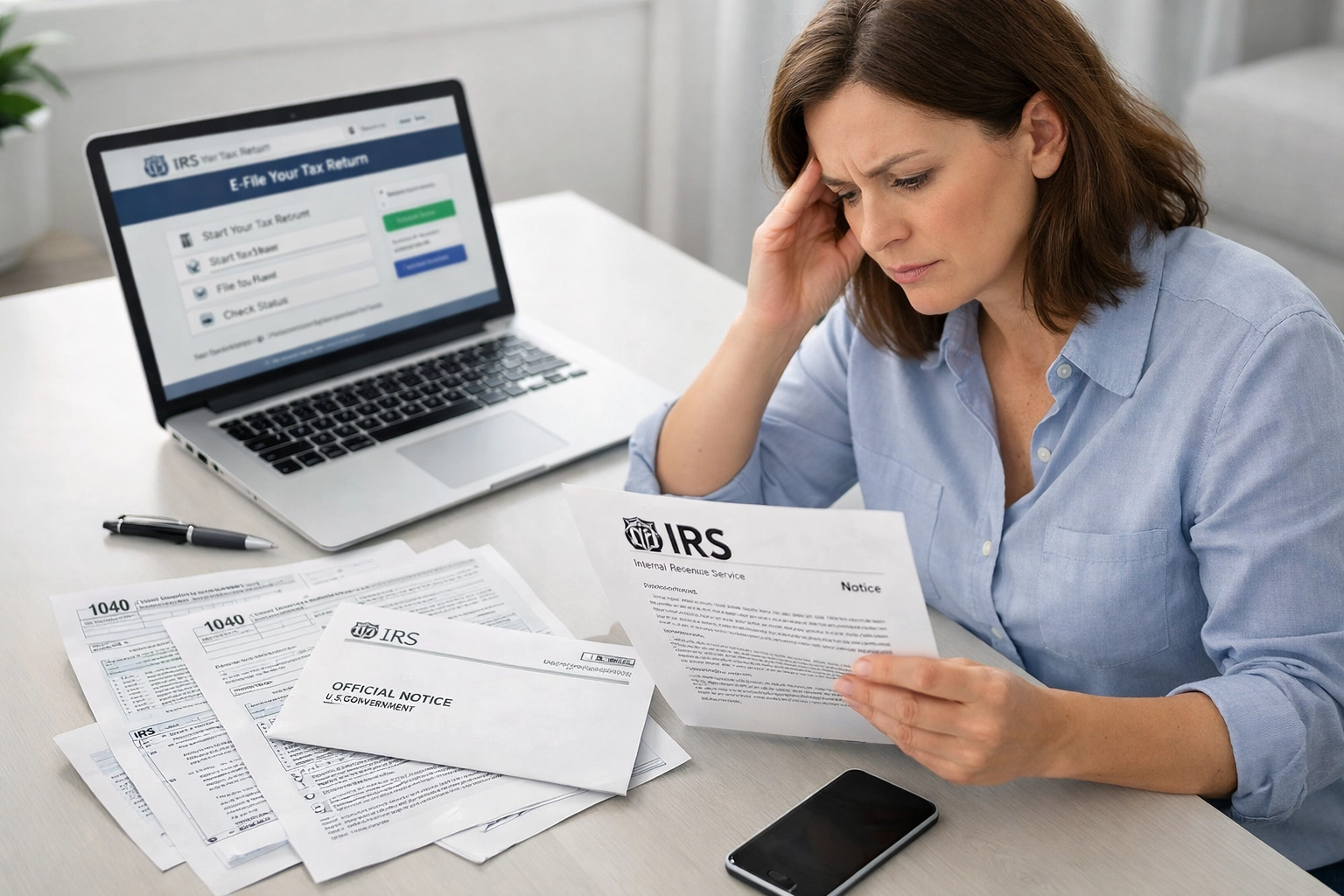 Taxpayer reviewing IRS letters and forms for signs of tax identity theft at desk