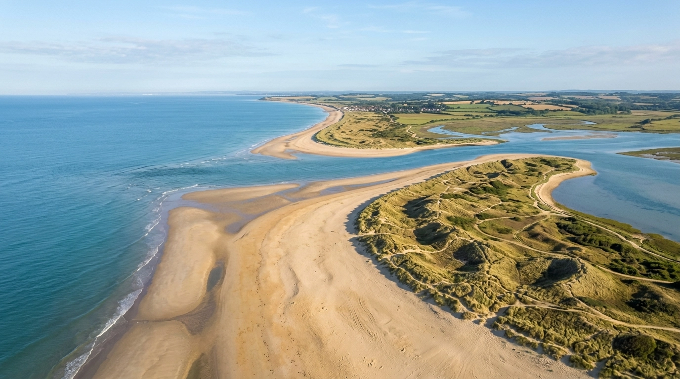 A wide aerial view of West Wittering beach showing golden sands and the East Head dunes