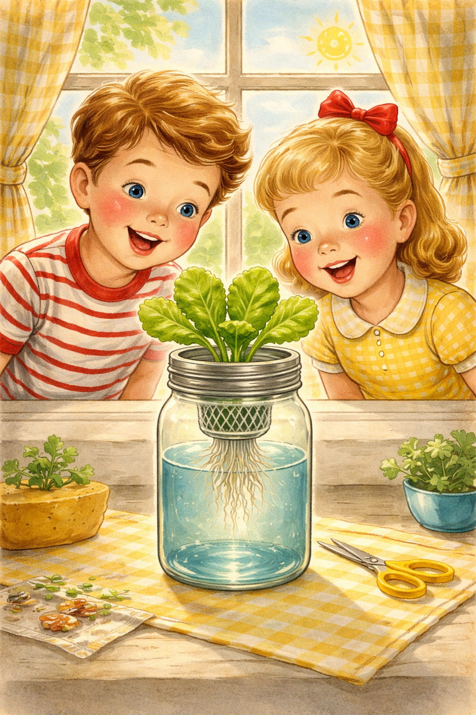 Two children excitedly observe lettuce growing hydroponically in a mason jar on a sunny windowsill, showing the Kratky Method for kids.