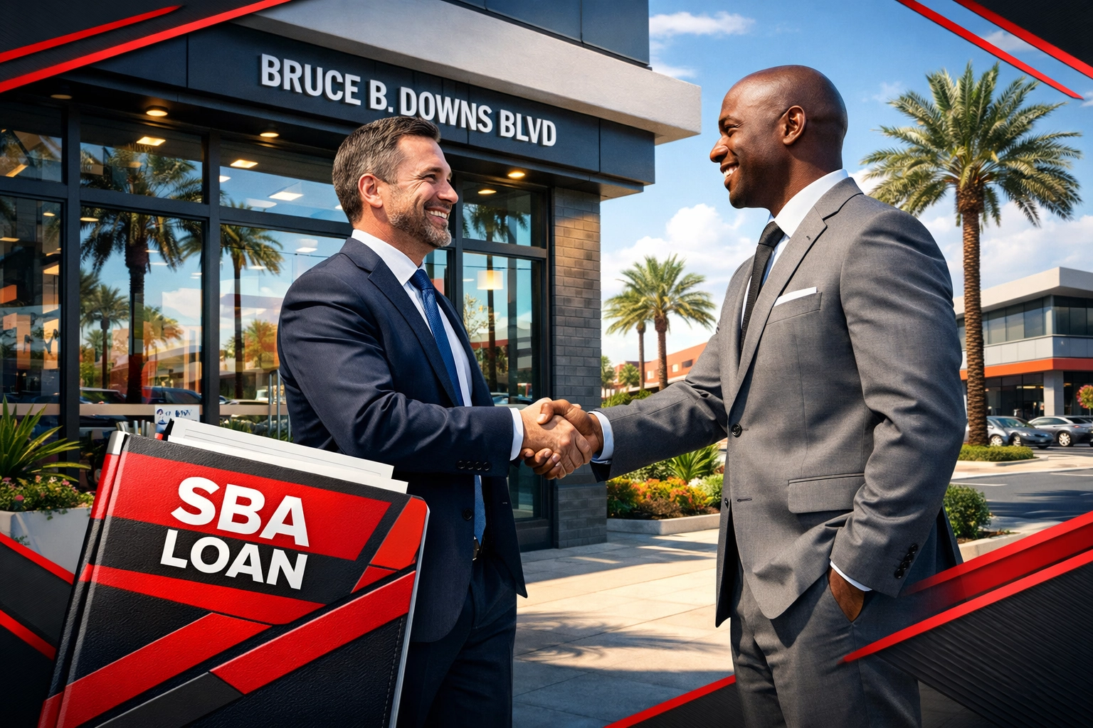 Business broker facilitating handshake between buyer and seller for Tampa Bay business sale with SBA financing