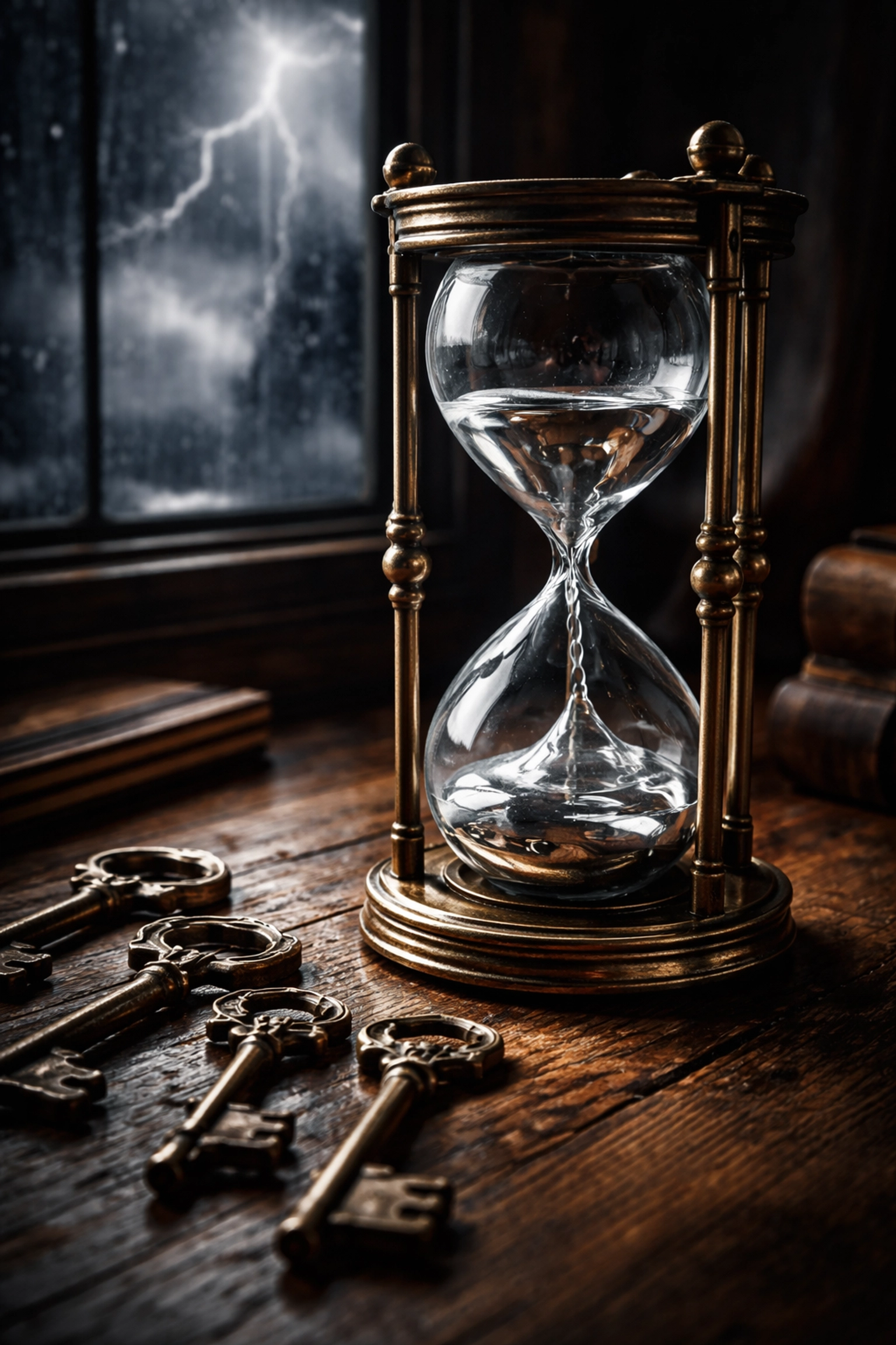 Hourglass with liquid mercury and vintage keys underscoring the urgency and importance of timely liquidity in hedge funds.