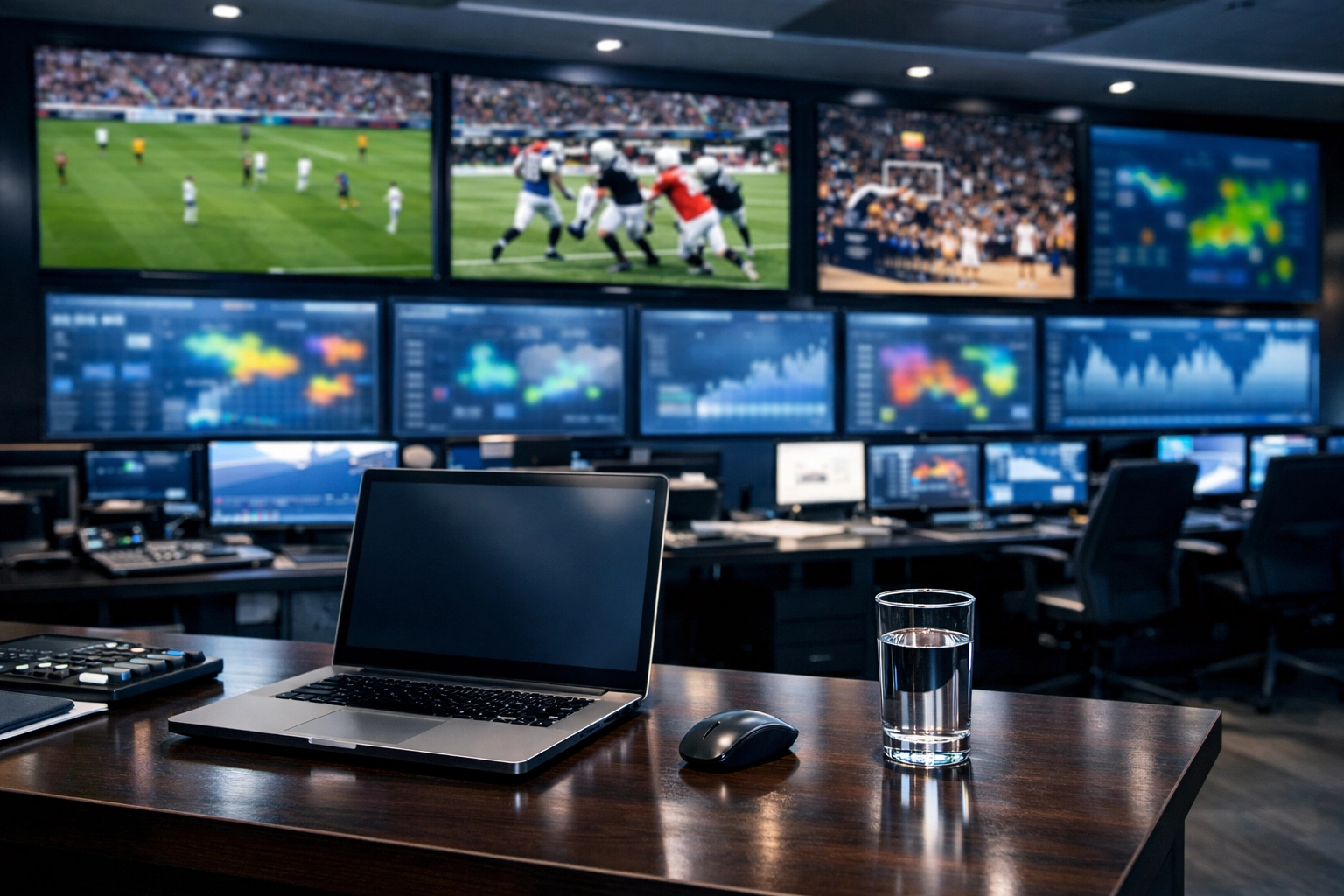 Professional sports advertising media operations center tracking data and broadcasts for global brand visibility.