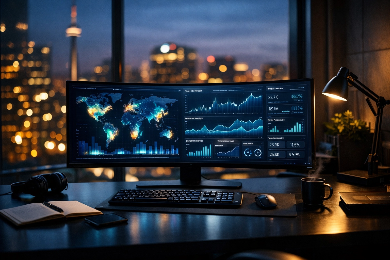 Data analytics dashboard on a monitor in a Toronto office highlighting technical local SEO performance metrics.
