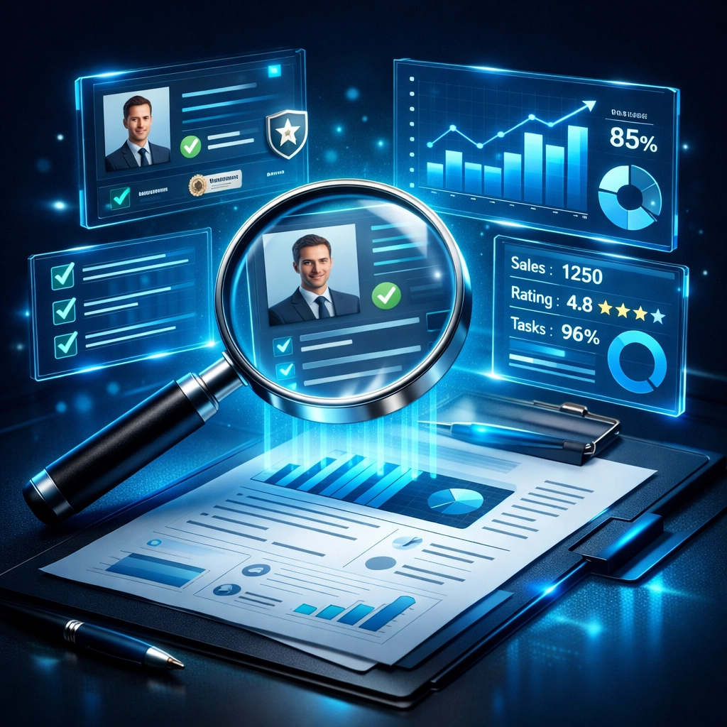 Due diligence process examining investment manager credentials and performance data with magnifying glass