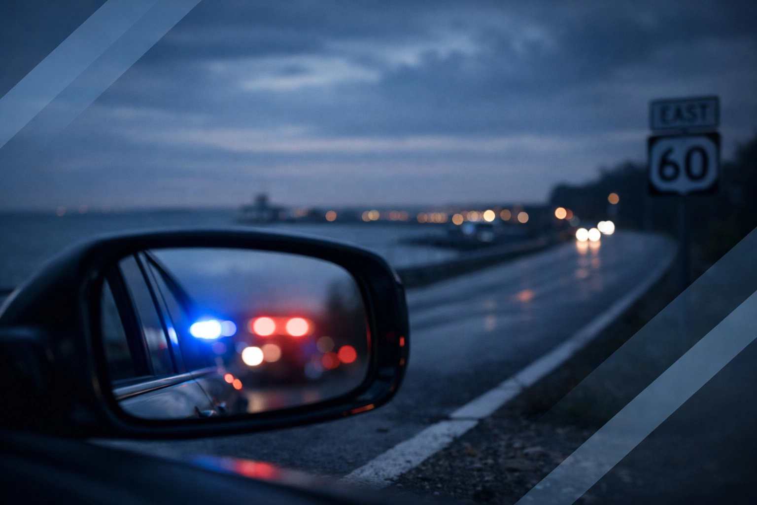 Police lights reflected in a car mirror during a Virginia Beach DUI traffic stop.