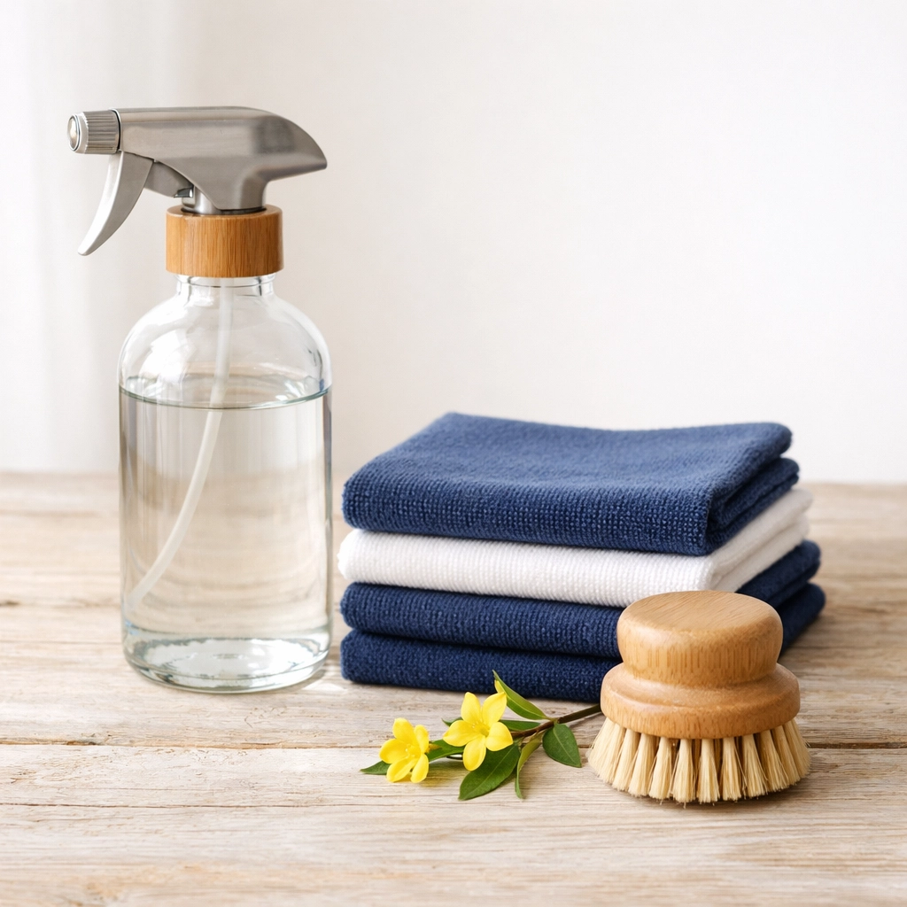 Eco-friendly supplies for residential cleaning Massachusetts featuring non-toxic glass spray and microfiber cloths.