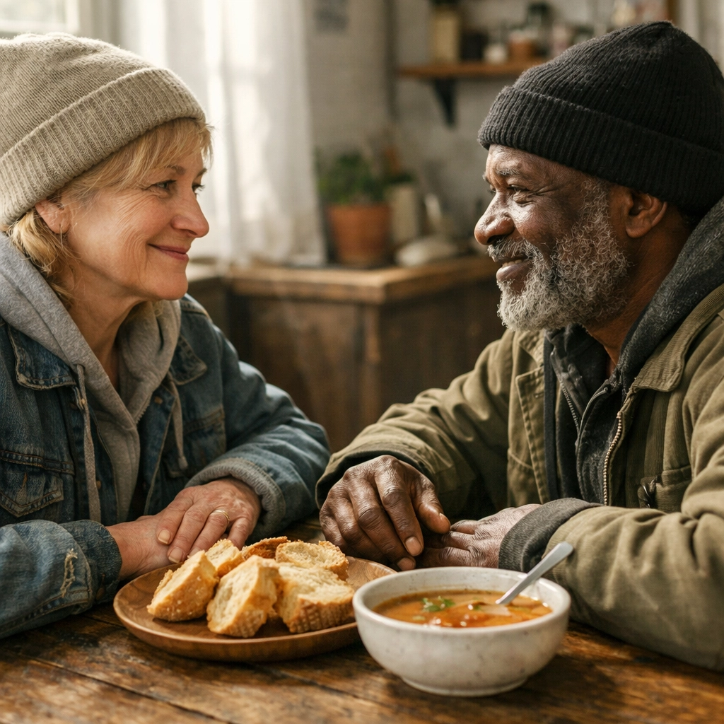 Two people sharing a meal, symbolizing community emergency assistance and rebuilding in New Jersey.