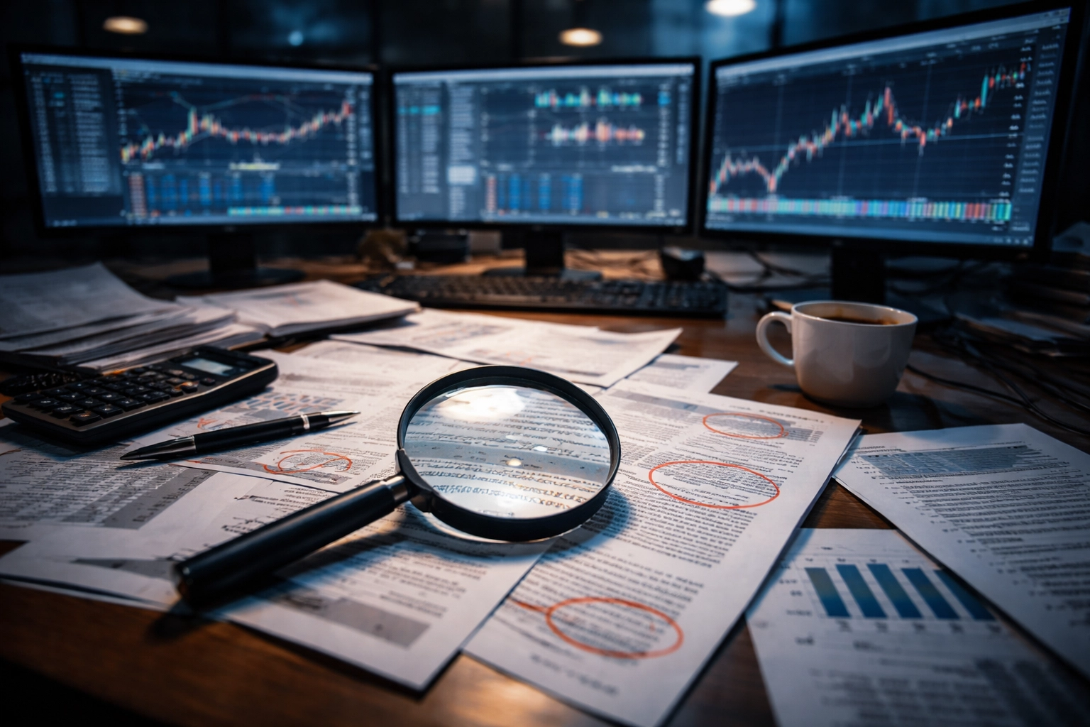 Investor's desk with reports, charts, and magnifying glass, highlighting hedge fund due diligence and analysis