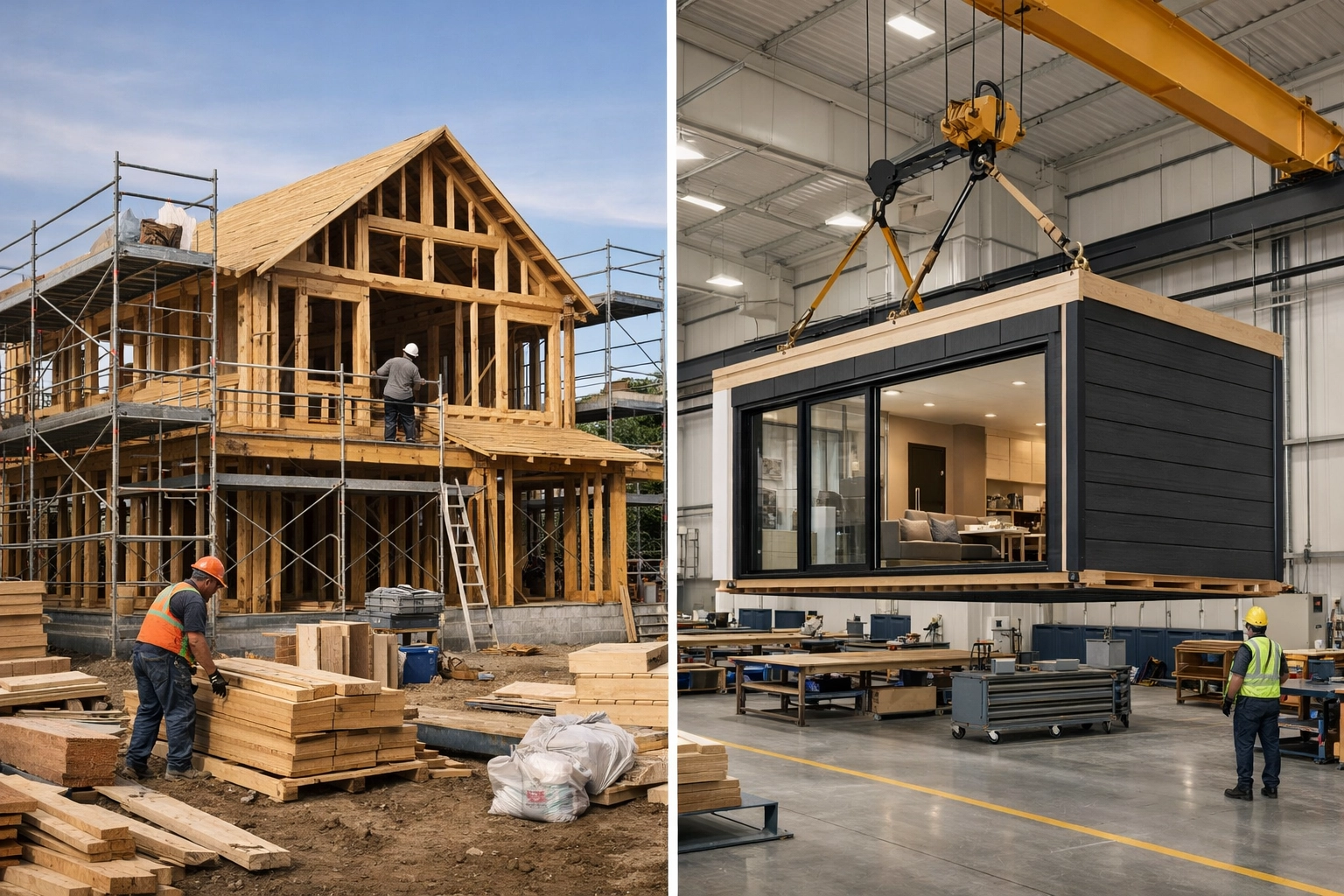 Traditional construction site vs modular factory build showing cost and efficiency differences
