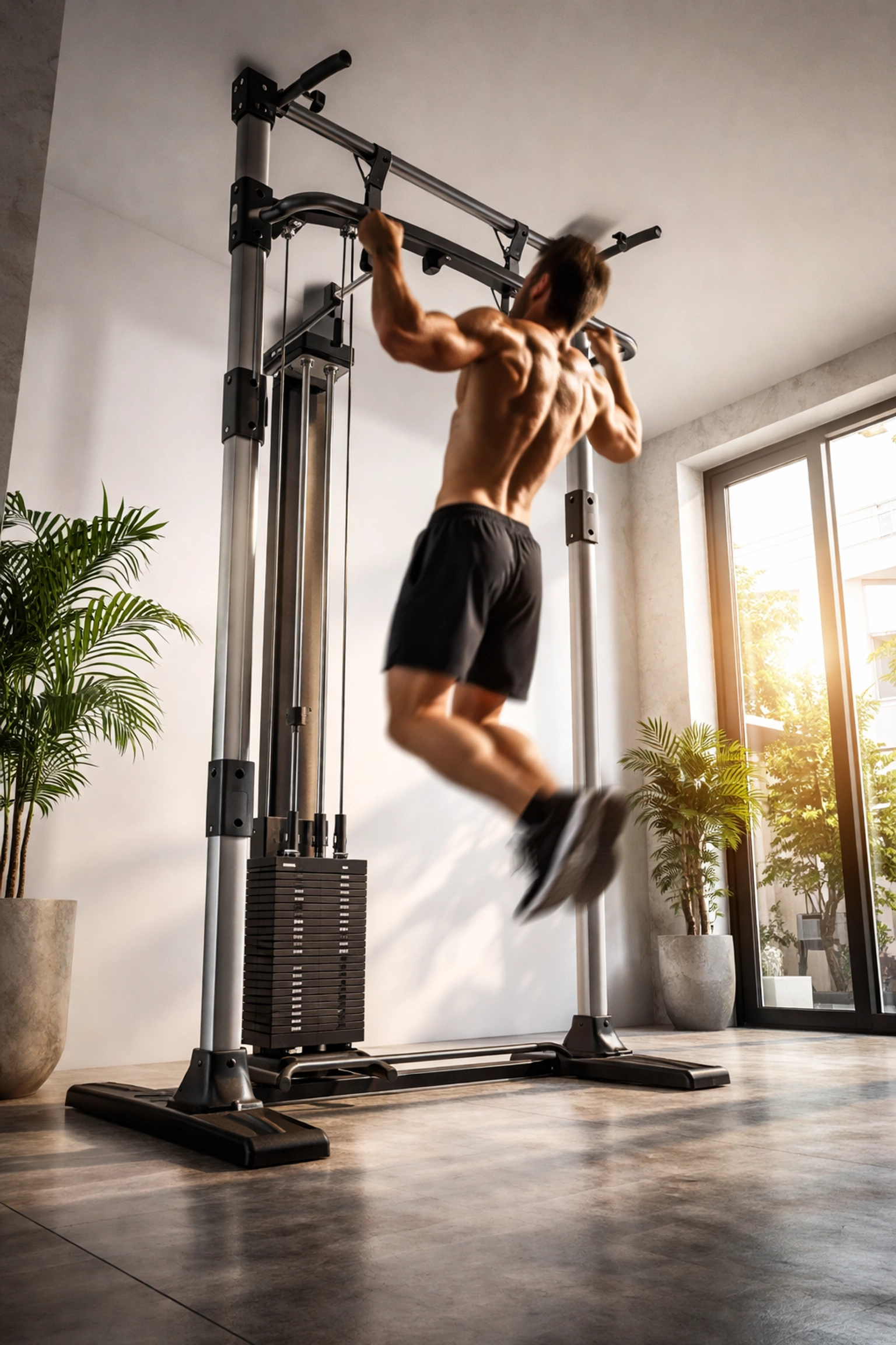 Athlete using a floor-to-ceiling tension gym system in a modern apartment, highlighting no wall damage workout solutions.