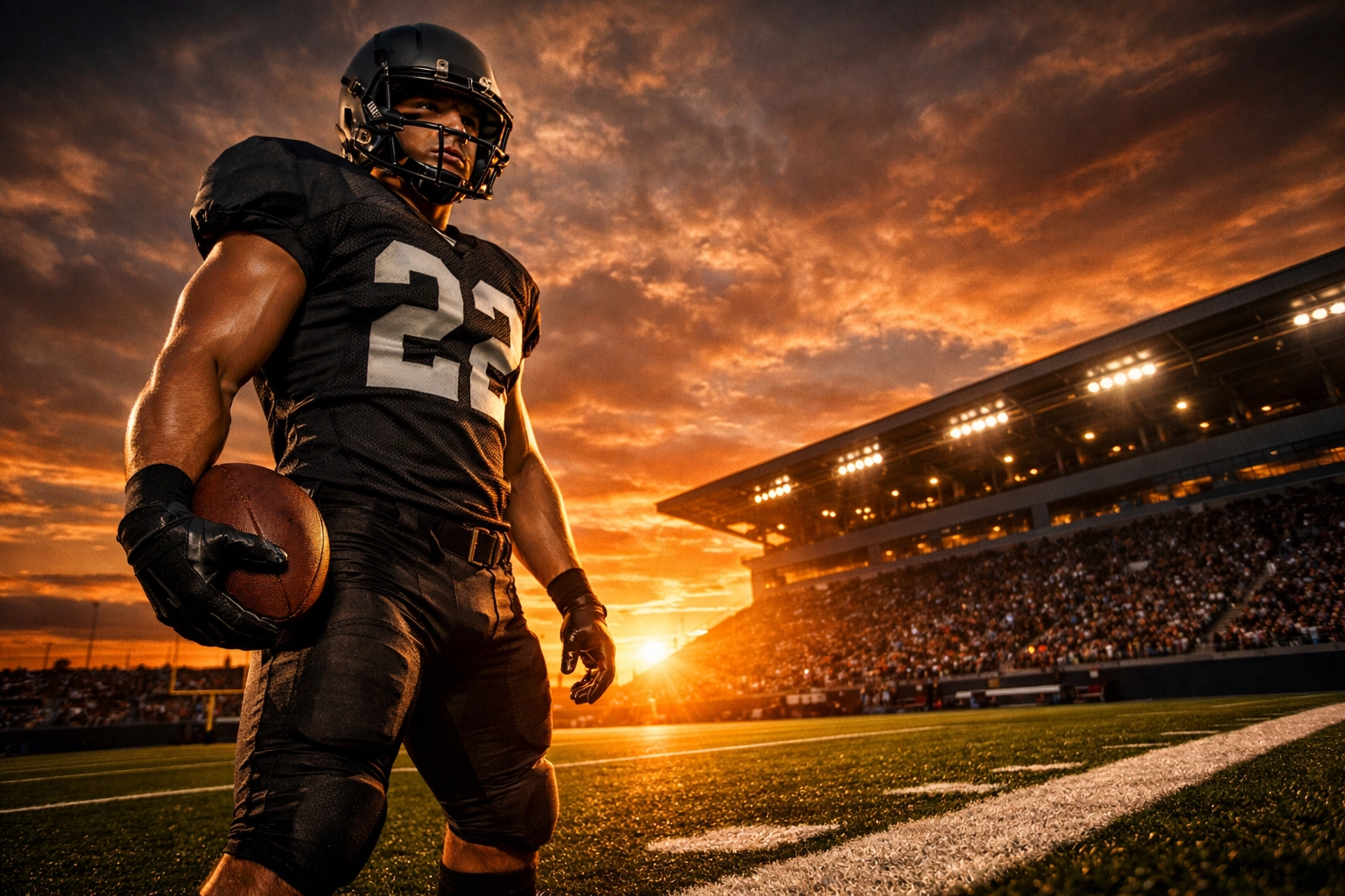 Focused varsity football player standing on a turf field at sunset, demonstrating mental grit and athletic determination.