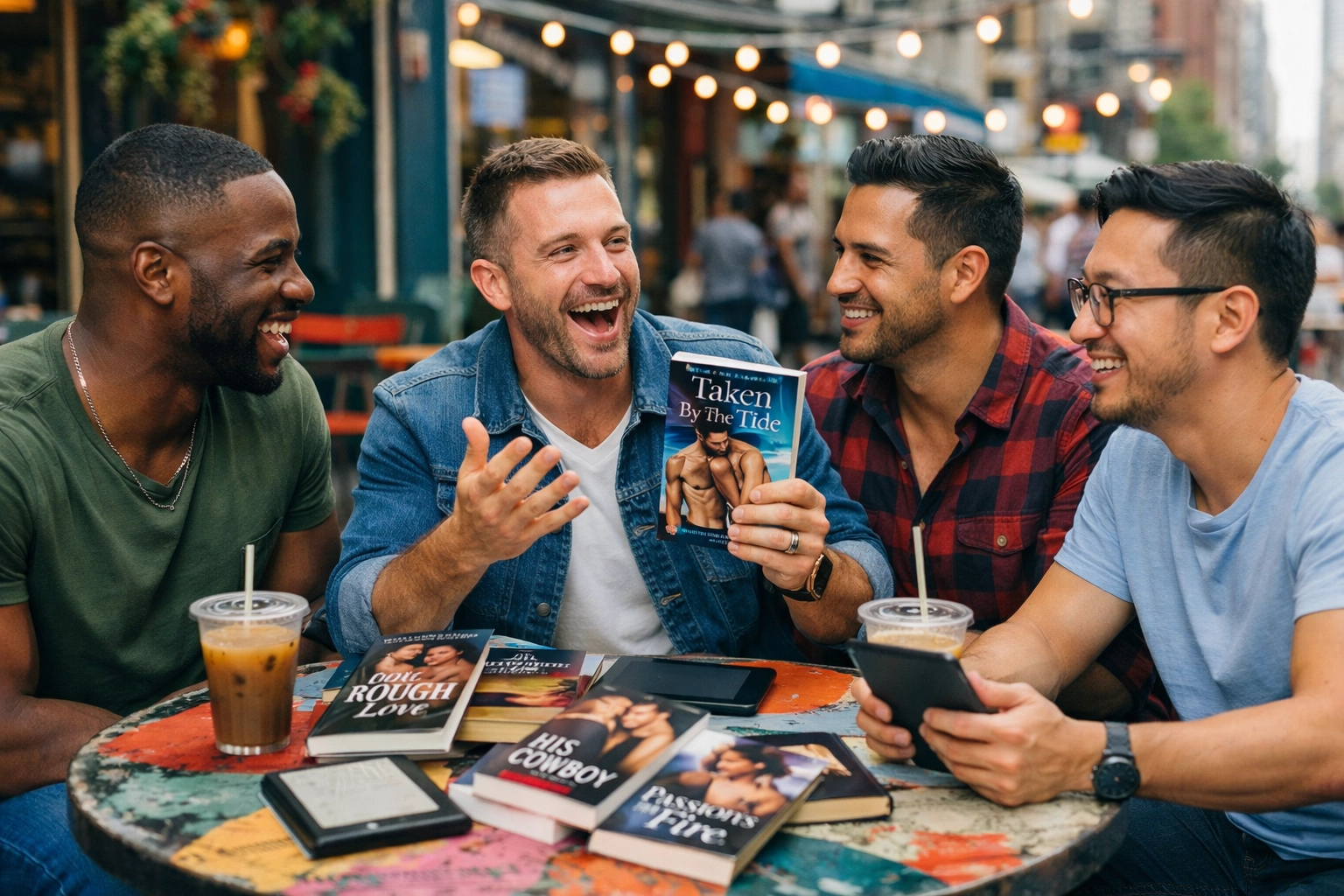 A diverse group of gay men laughing during a book club meeting at a cafe with MM romance novels on the table.