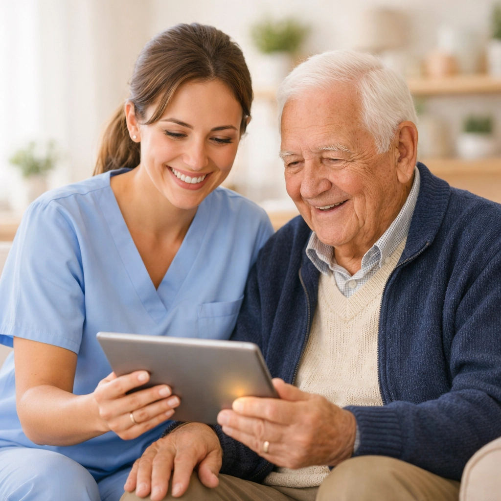 Caregiver and senior using a tablet for remote health tracking in a Sarasota senior living facility.