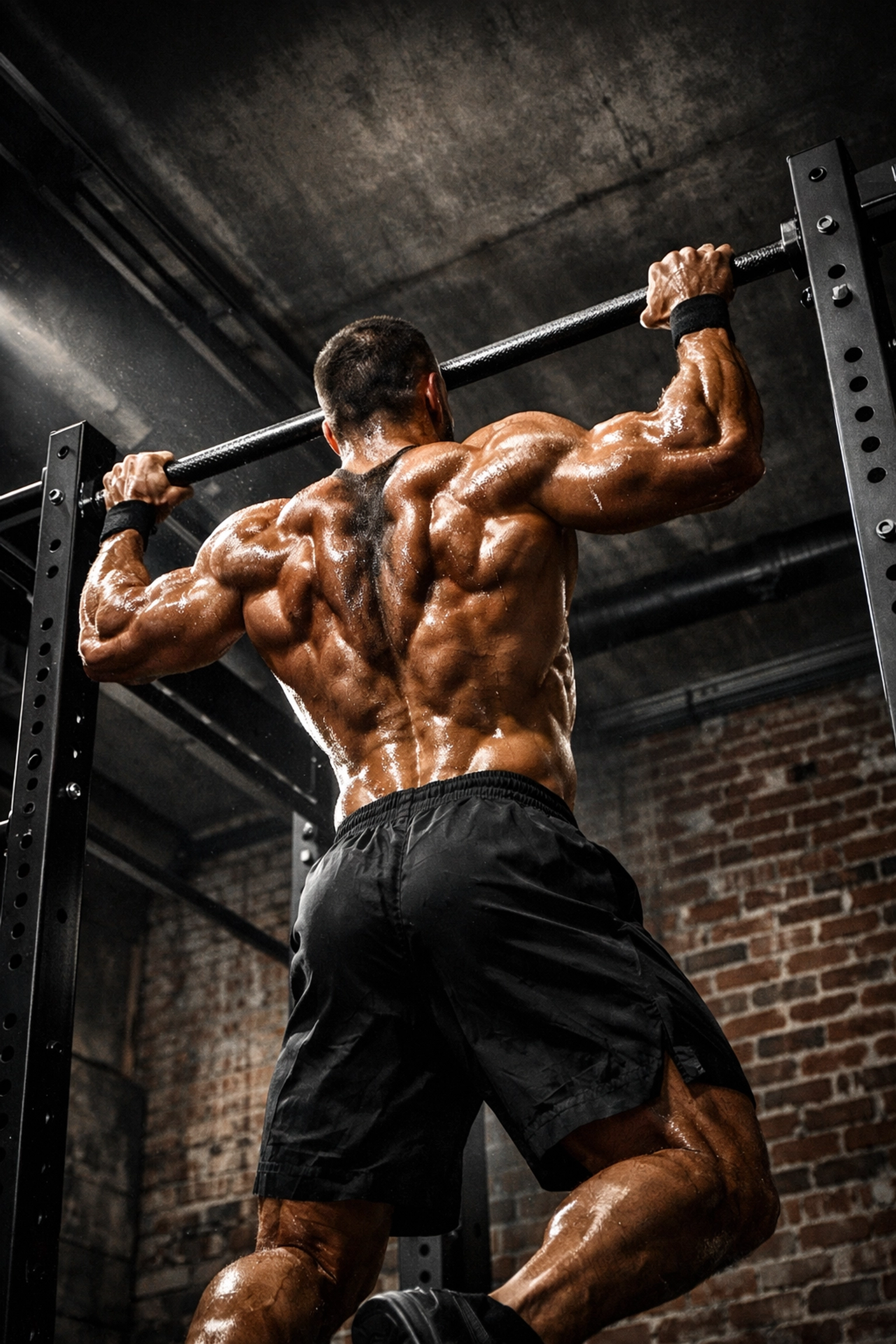 Athlete performing wide-grip pull-ups on a stable Resistance Rail floor-to-ceiling home gym system.