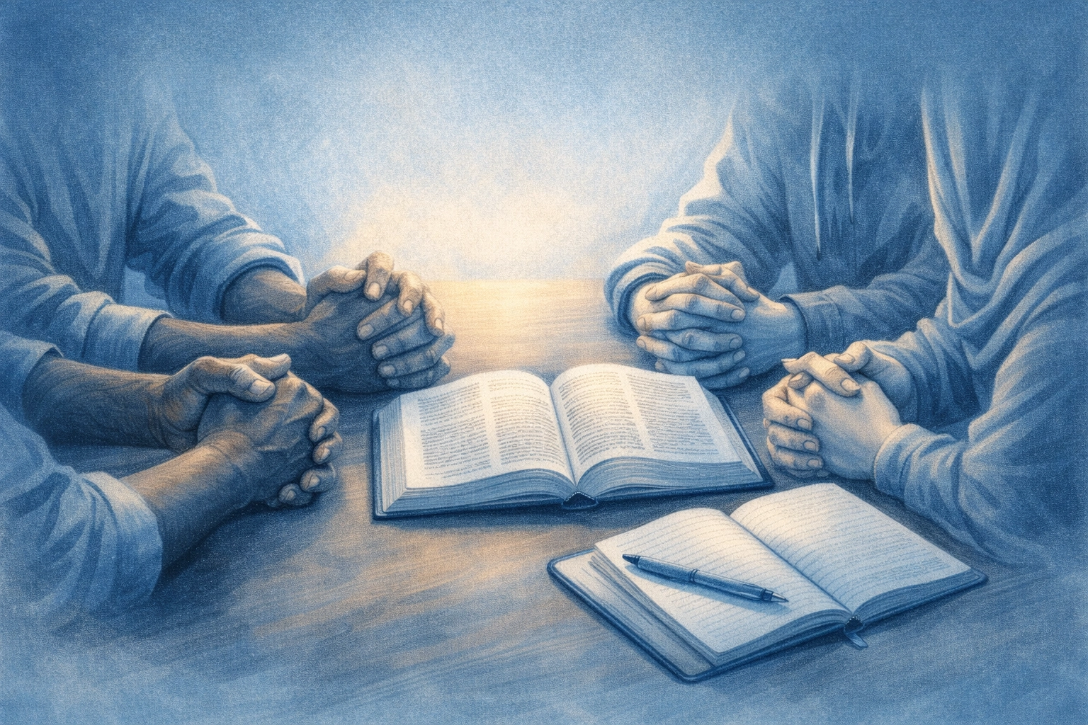 FA Memphis, First Assembly Memphis, Boundless Online Church, Memphis TN, 901, Cordova - Hands of diverse believers studying Scripture together during Life Group Bible study © FA Memphis