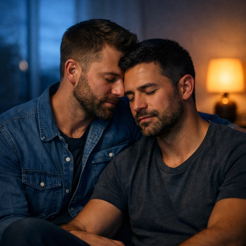 Two gay men sharing a tender moment of quiet support and emotional queer healing at home.