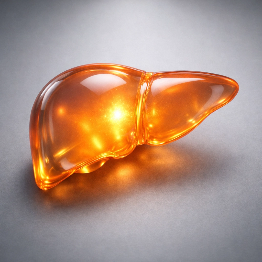 Glowing liver model illustrating Livagen and Svetinorm liver health research.