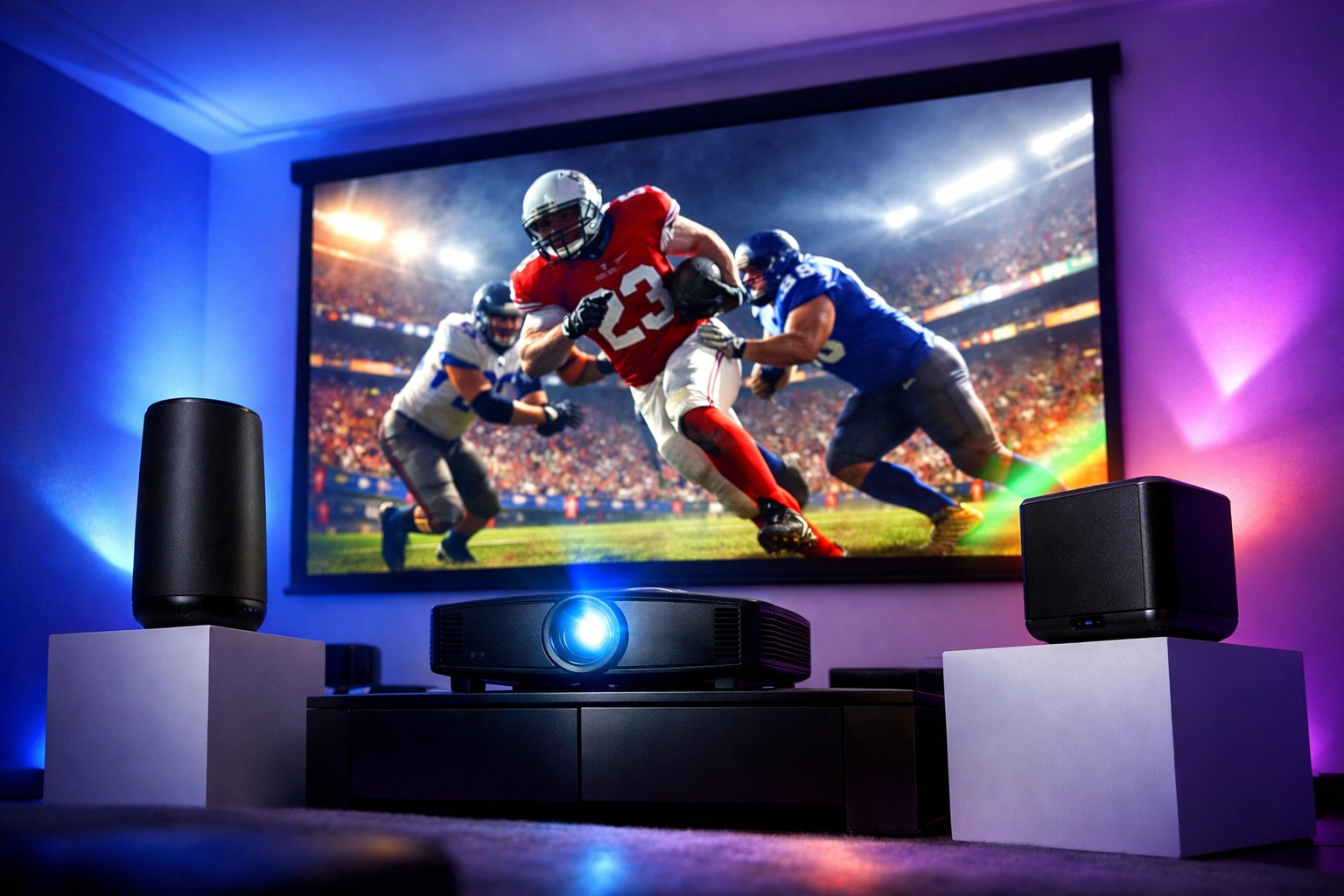 Professional projector and speaker system setup for sports viewing party rentals
