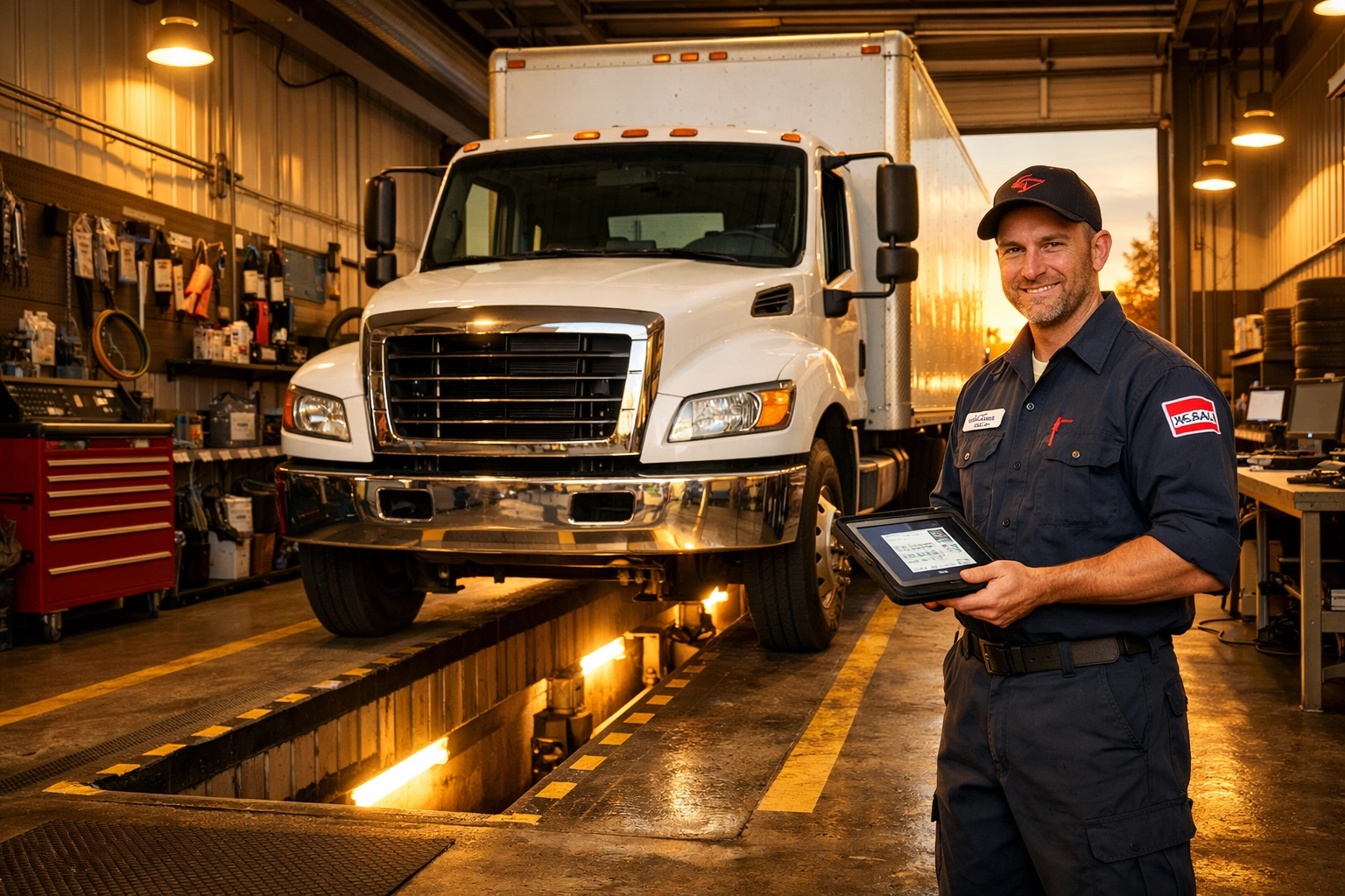 Red Seal mechanic at Tatlow Tire 2024 inspecting a commercial fleet truck in Smithers, BC.