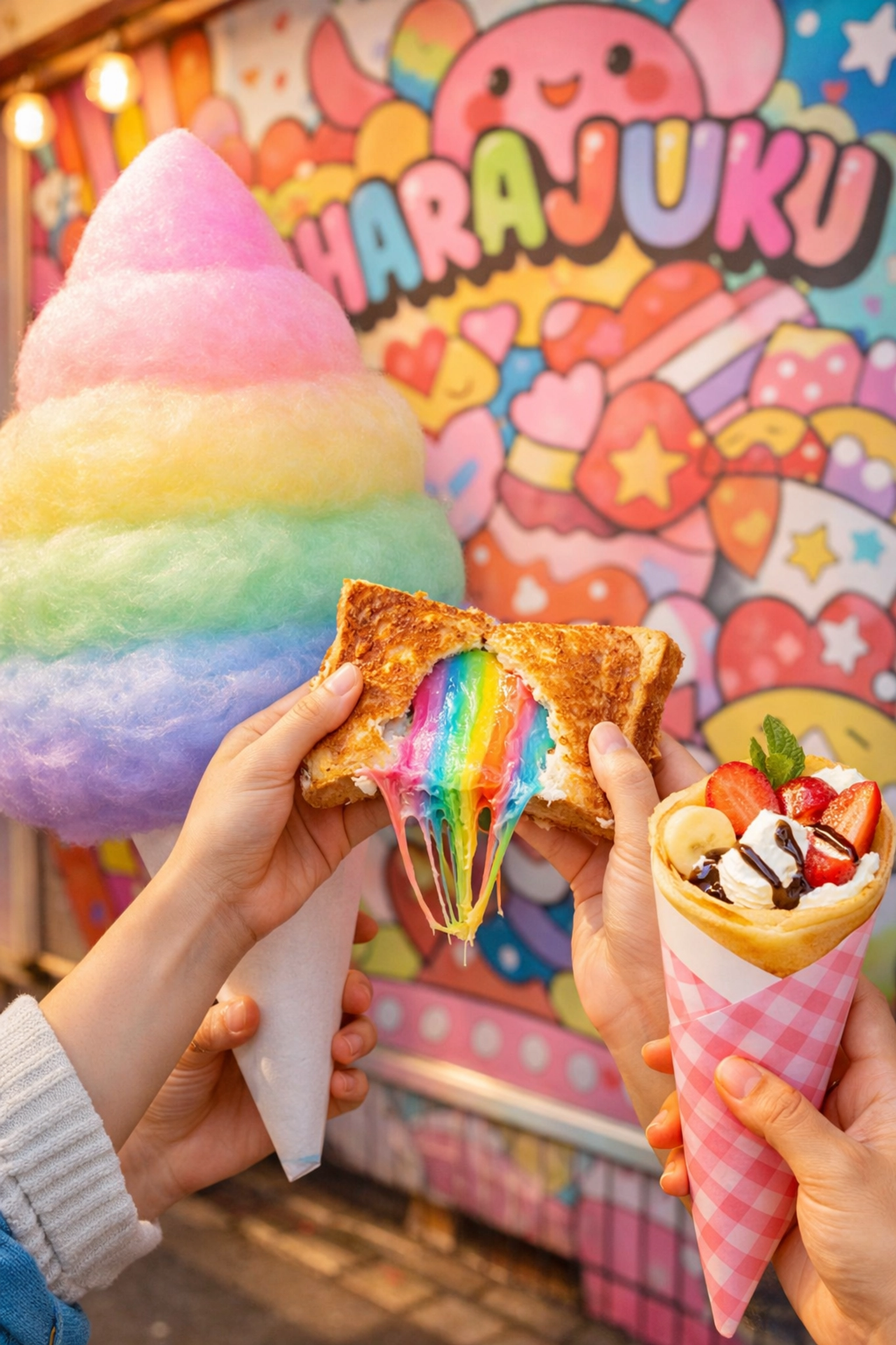 Rainbow cotton candy, colorful cheese toast, and a crepe held against a mural in Harajuku.