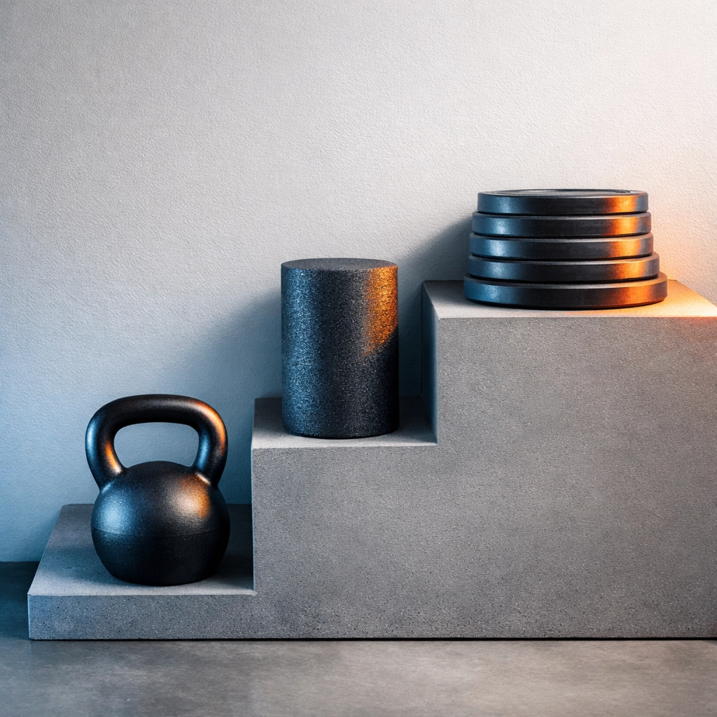 Kettlebell and gym equipment stacked to represent the foundations of consistent fitness and recovery.