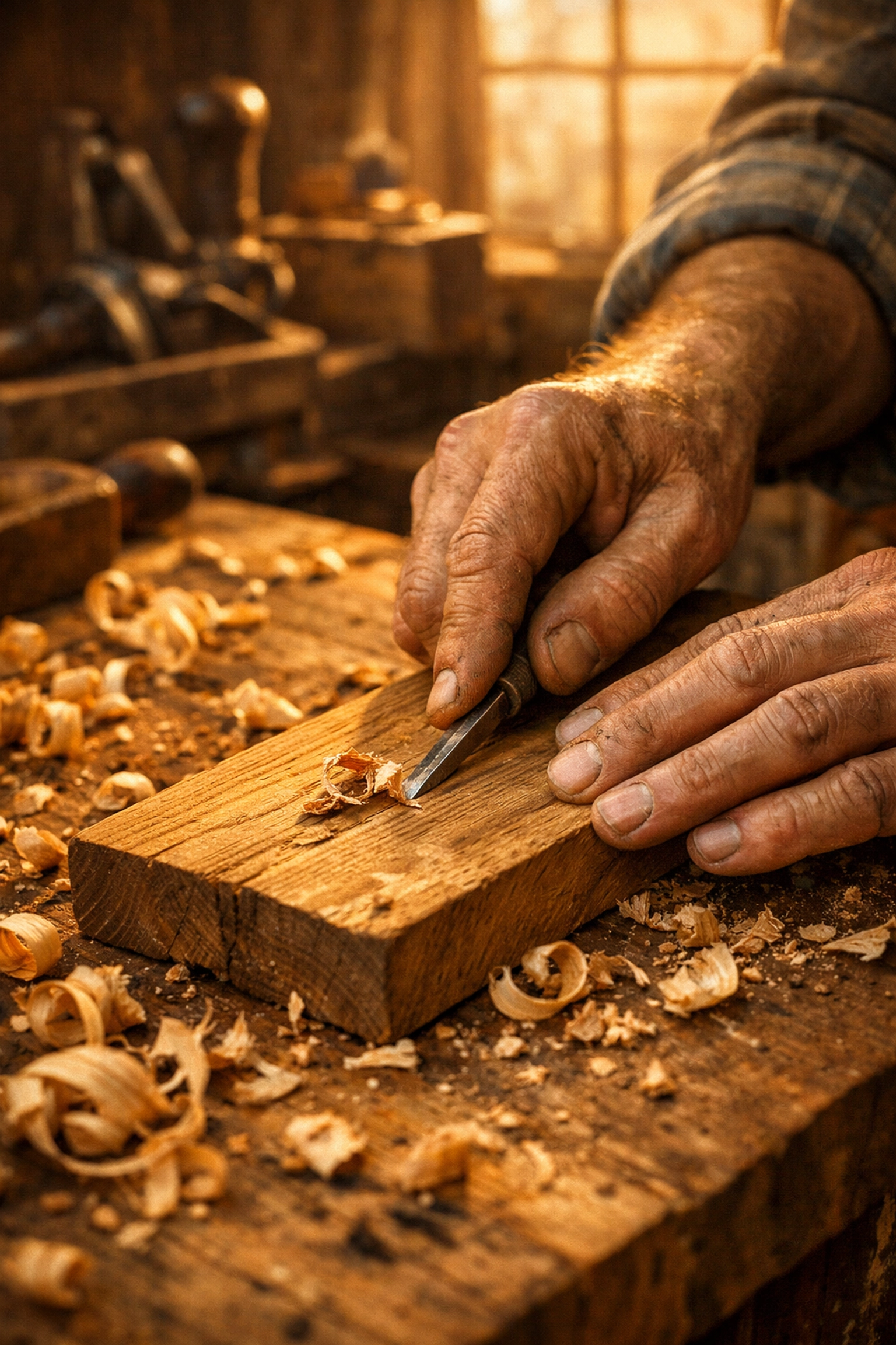 Artisan's hands carving wood in a rustic workshop, highlighting traditional craftsmanship in handcrafted gifts.