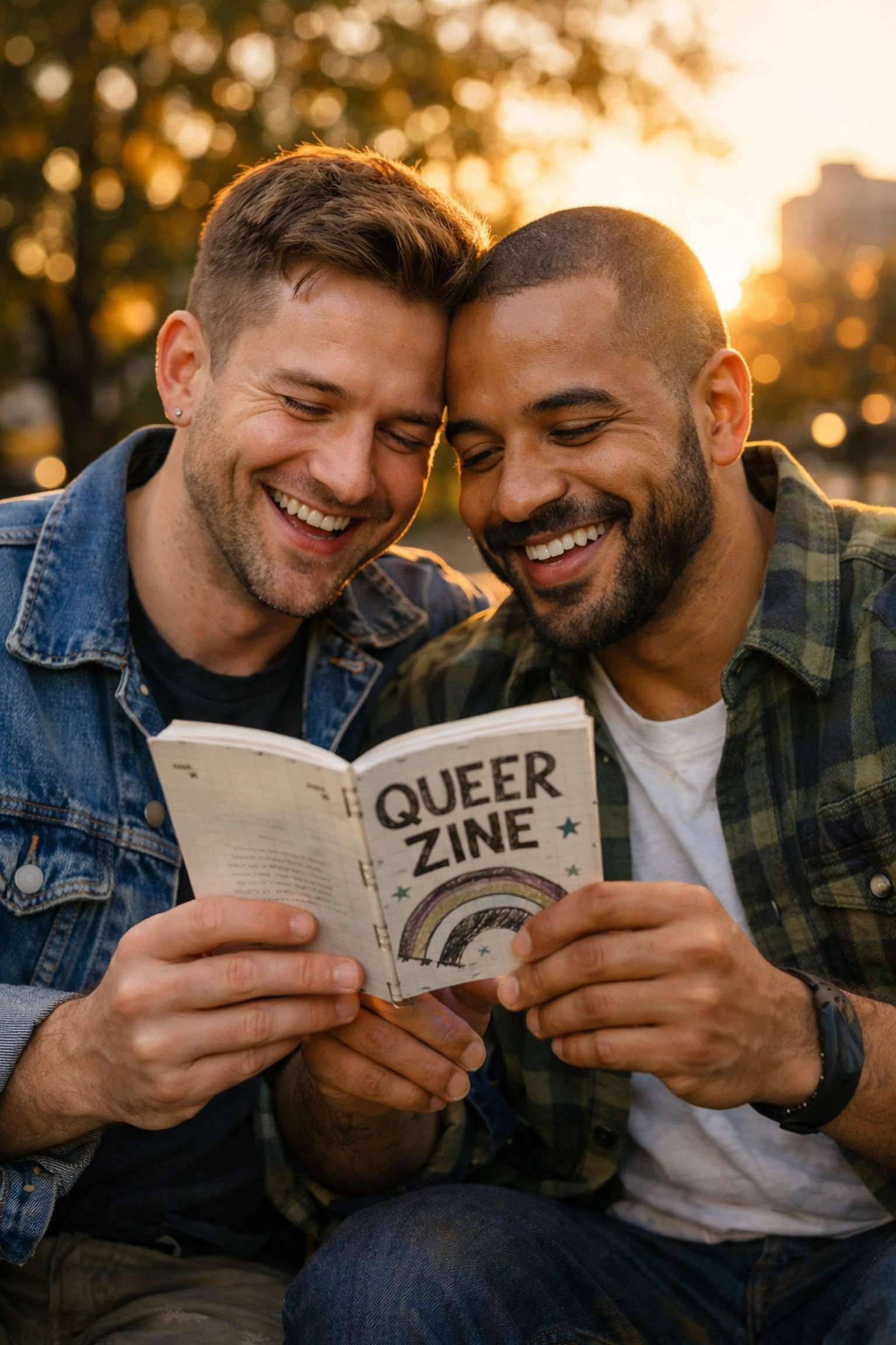 Two men smiling and reading a collaborative DIY queer zine on a park bench during golden hour.