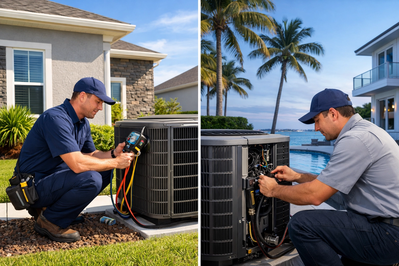 HVAC technician inspecting AC units at Florida homes in Orlando and Miami showing regional installation differences