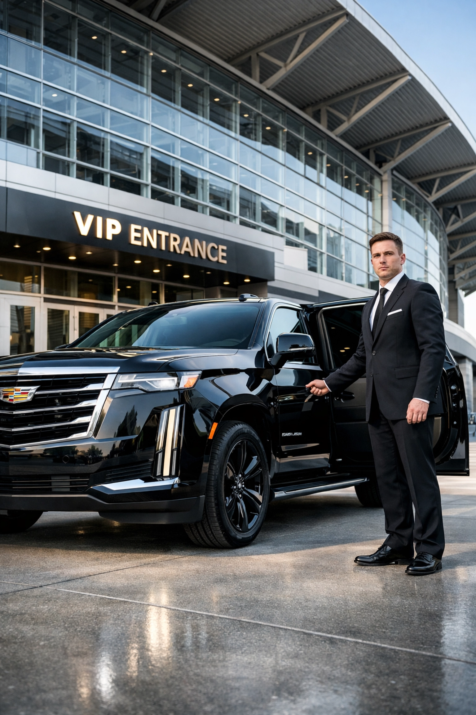 Professional chauffeur with a luxury SUV at a stadium VIP entrance for executive Super Bowl travel.