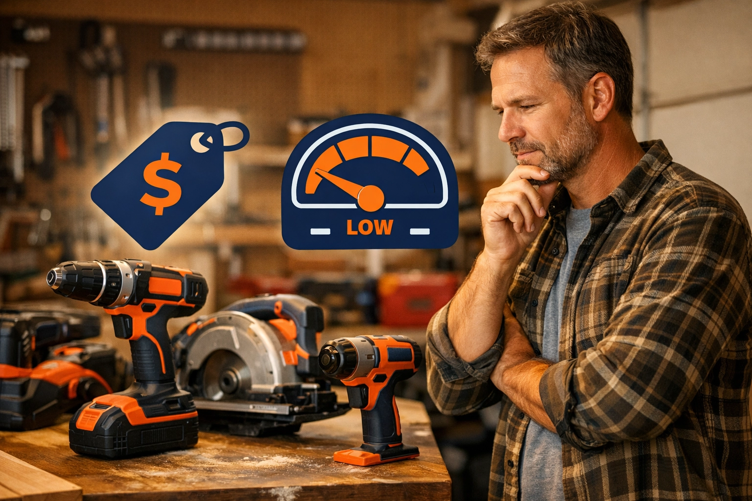 Homeowner in a garage reflecting on the hidden costs and low usage of expensive power tools.
