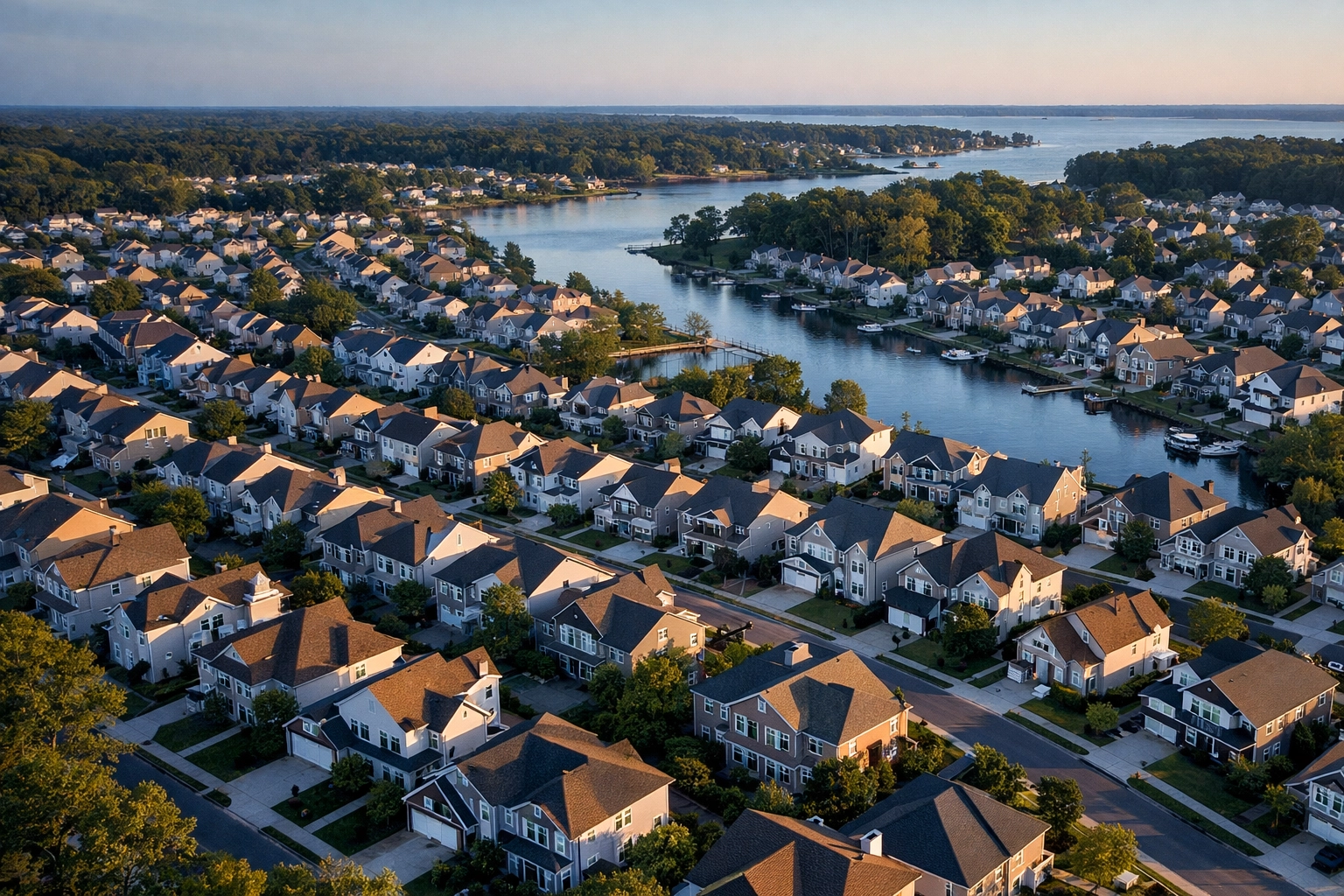 Aerial view of Hampton Roads residential neighborhoods showing suburban homes and tree-lined streets