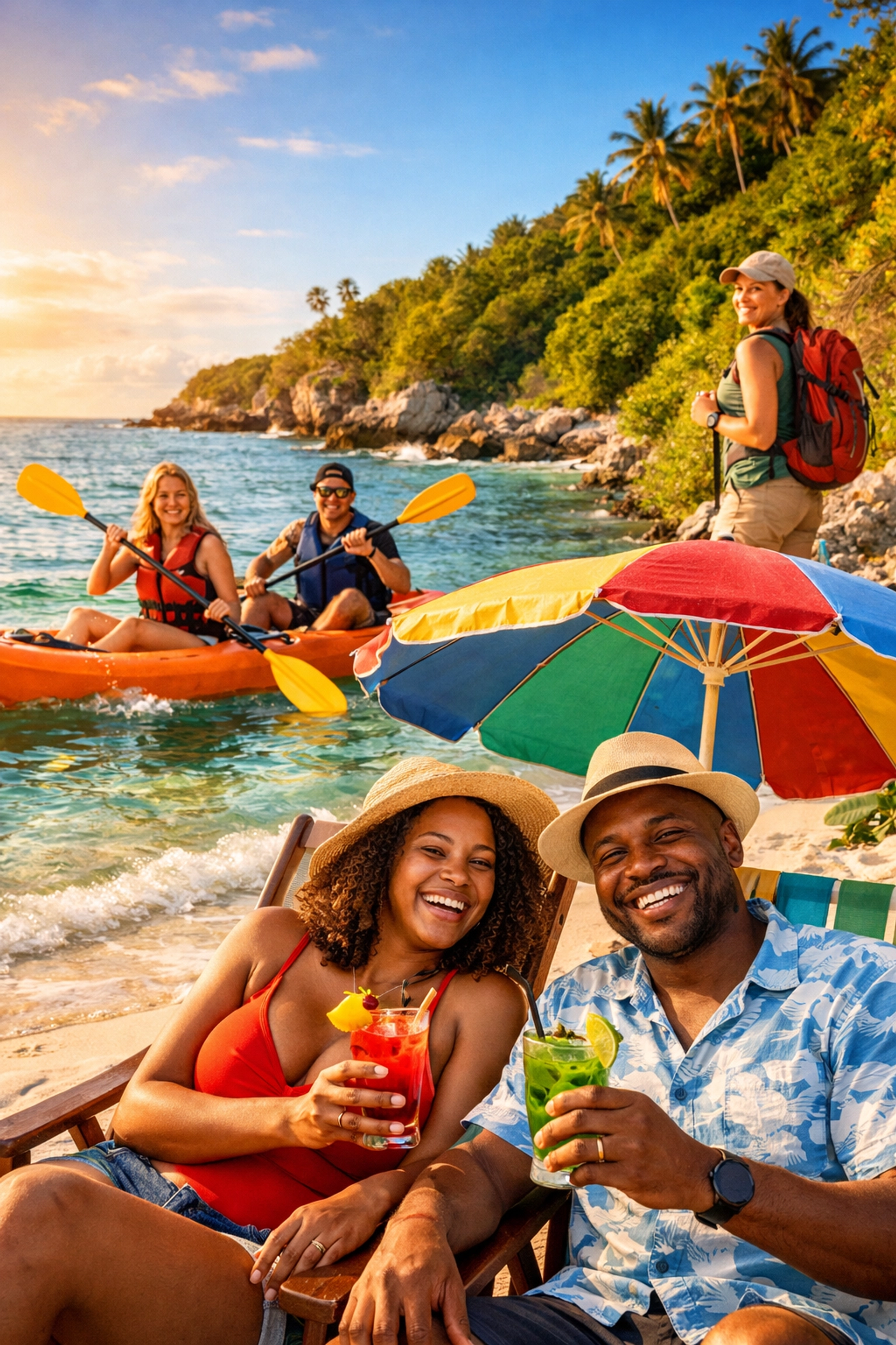 Group travelers enjoying diverse beach activities from relaxing to kayaking and hiking