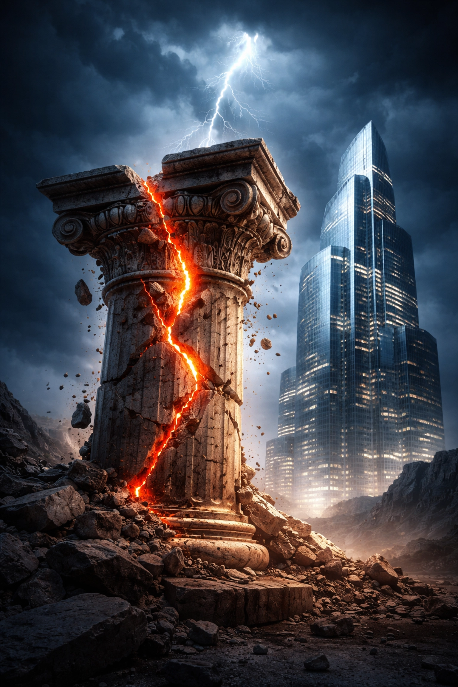 A broken classical column collapses in a storm, while a modern skyscraper rises, symbolizing the shift from the 60/40 to 40/30/30 portfolio model.