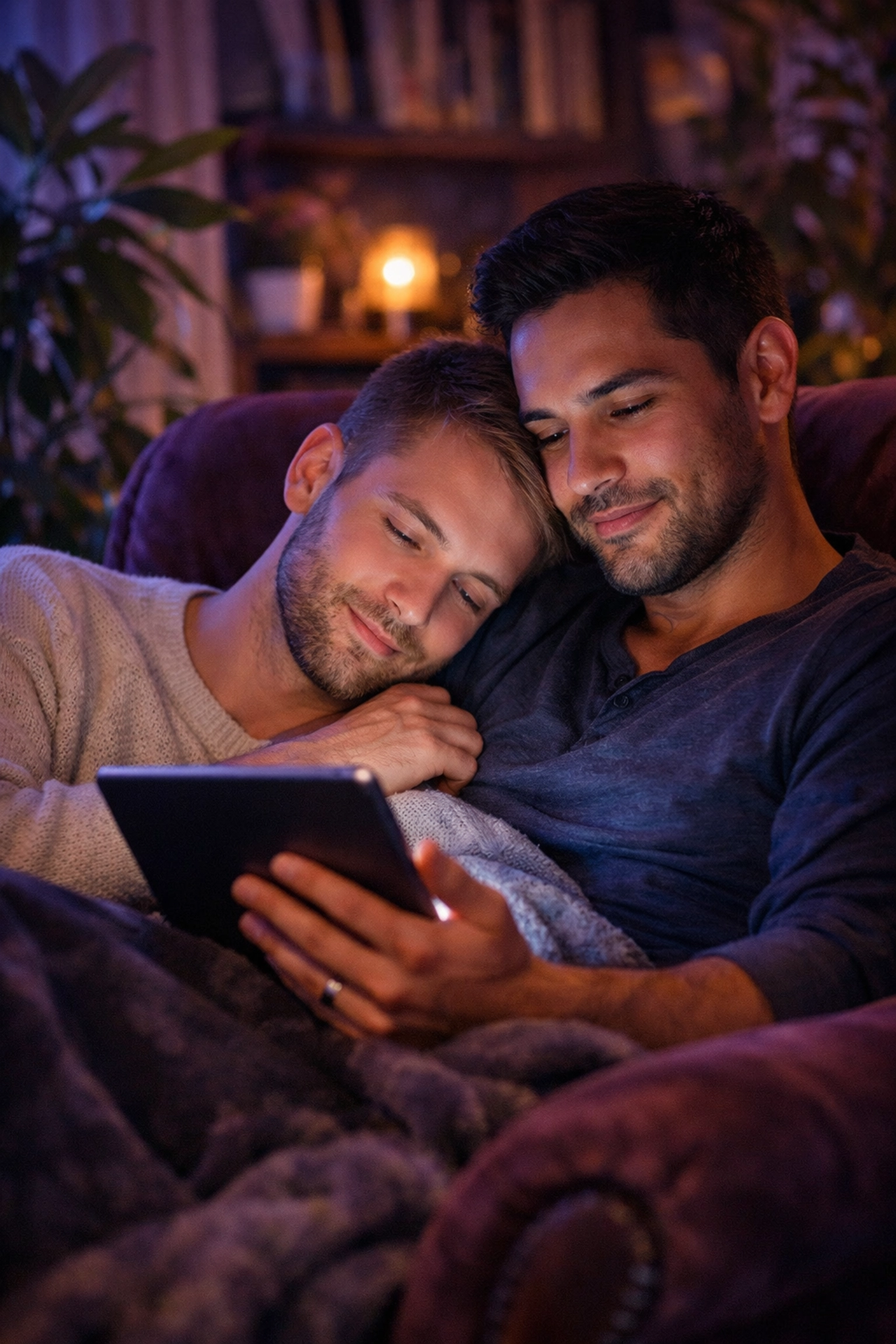 Gay couple cuddling while reading a digital MM romance book, showing a heartfelt queer fiction moment.