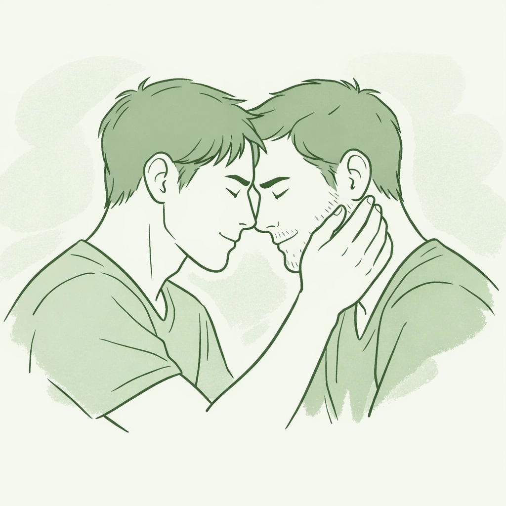 Two men in tender embrace showing emotional vulnerability in first intimate moment