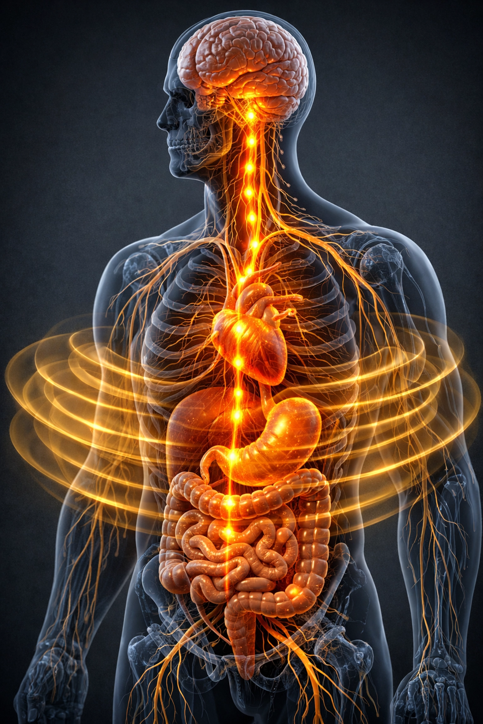 Medical illustration of vagus nerve stimulation through mechanical sound frequency waves