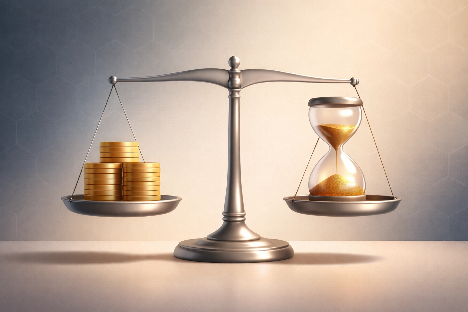 Balanced scale with gold coins and hourglass symbolizing the decision between immediate compensation and deferred benefits
