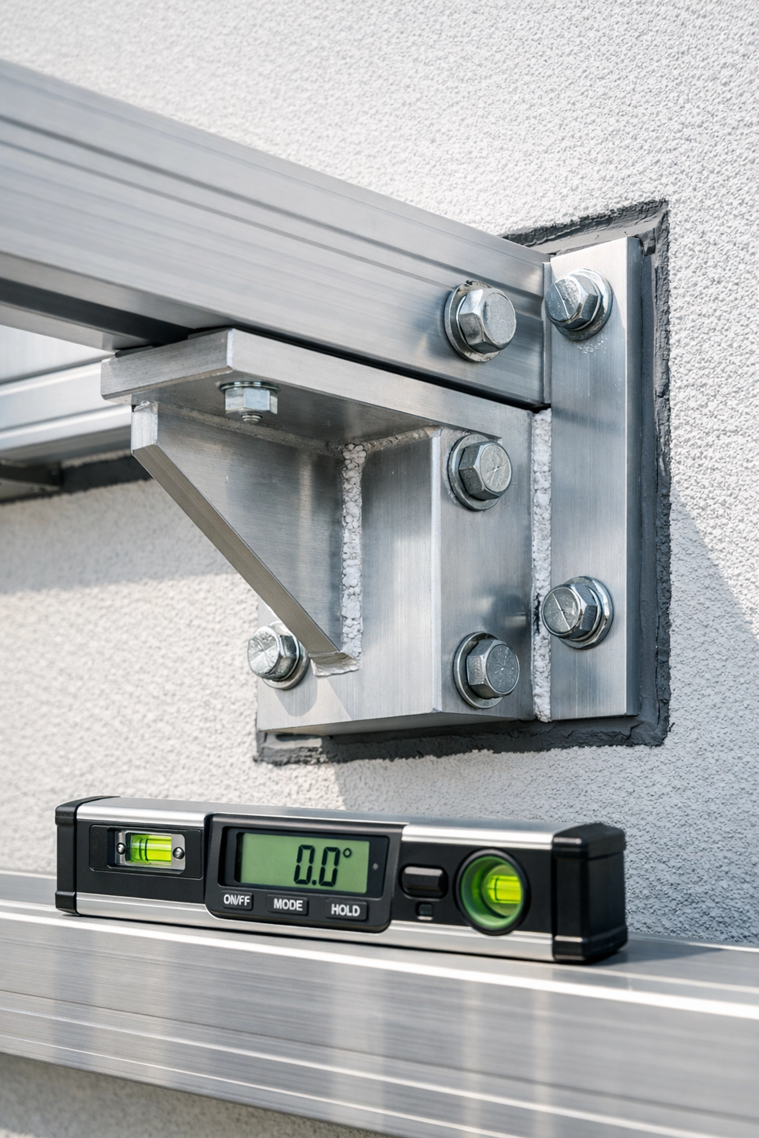 Fachgerechte Montage einer Terrassenüberdachung aus Aluminium an einer modernen Hausfassade.