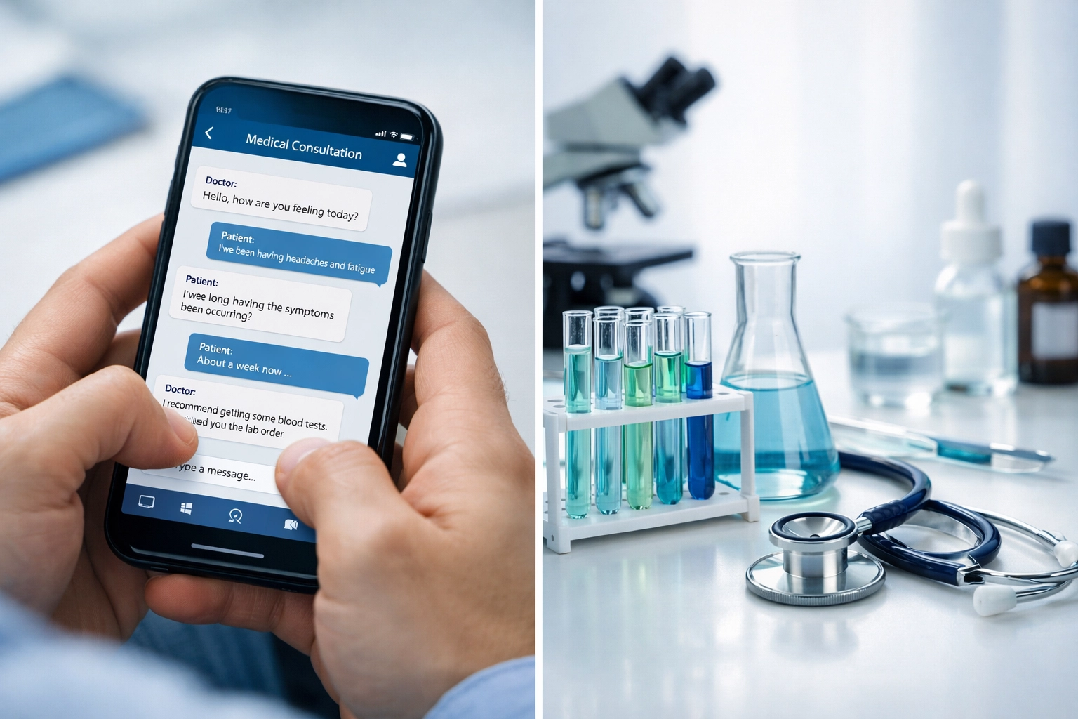 Text-based medical consultation on phone with laboratory equipment for Wegovy prescription
