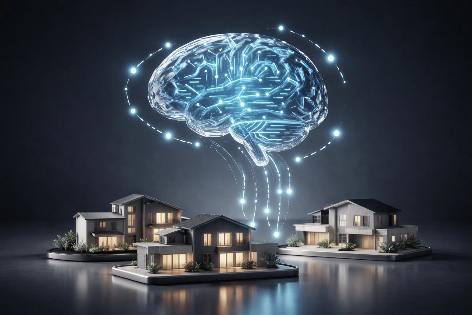Stylized brain with data nodes above houses, illustrating AI real estate lead generation and predictive seller insights