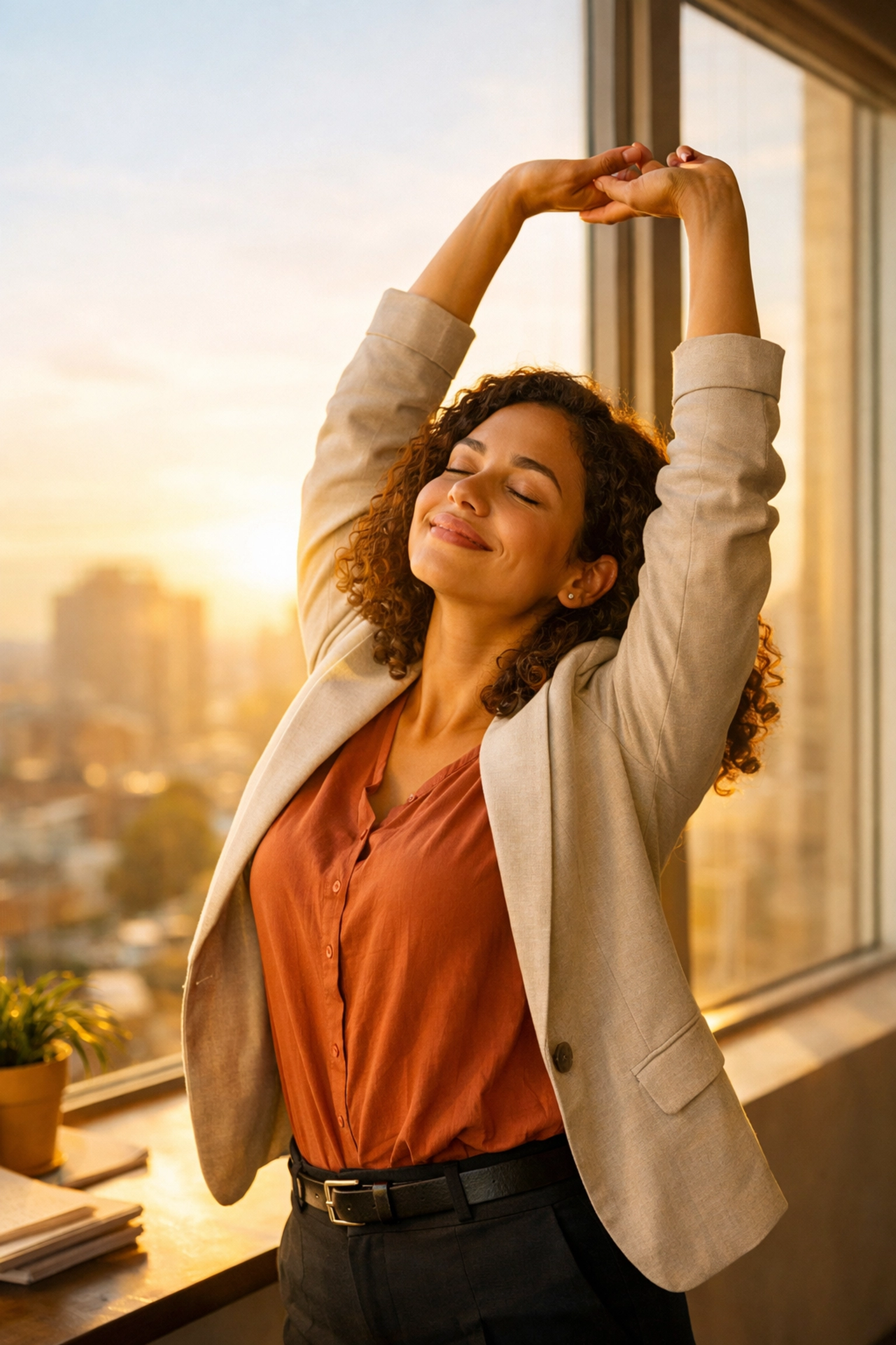 Professional woman stretching by office window during afternoon break for mental reset