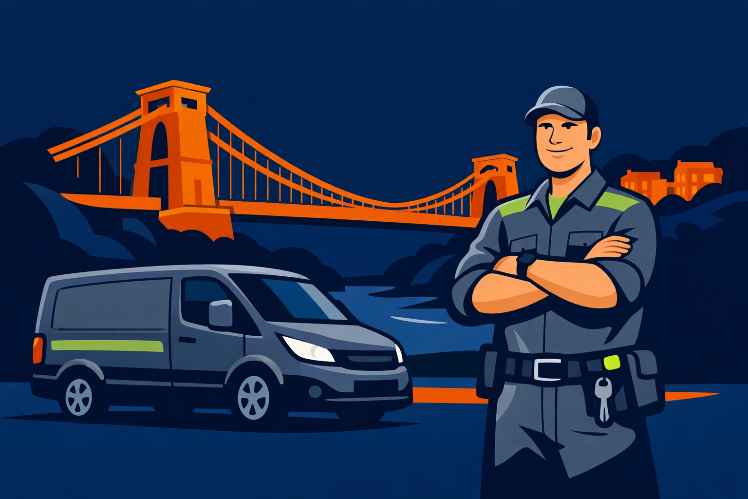 Professional locksmiths Bristol standing by a service van with the iconic Clifton Suspension Bridge silhouette.