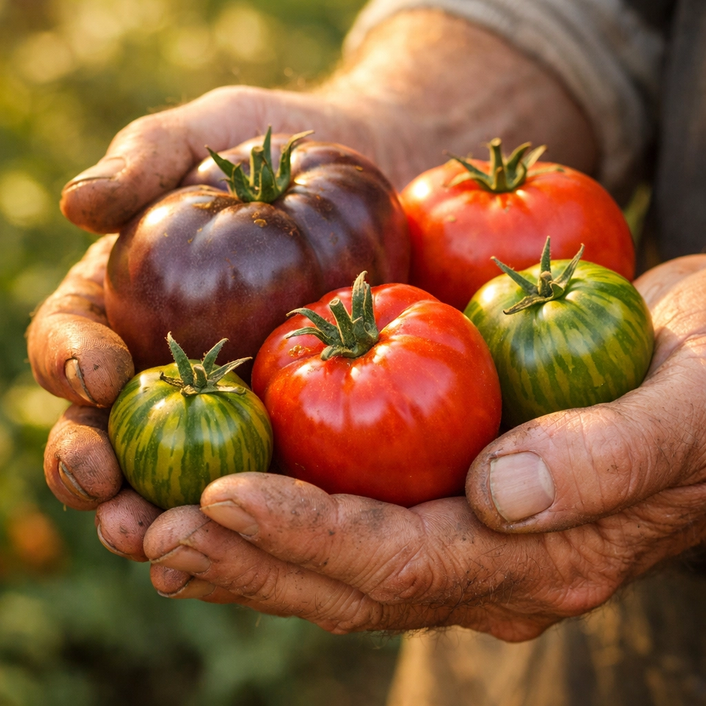 Hands holding ripe heirloom tomatoes for seed saving in a garden
