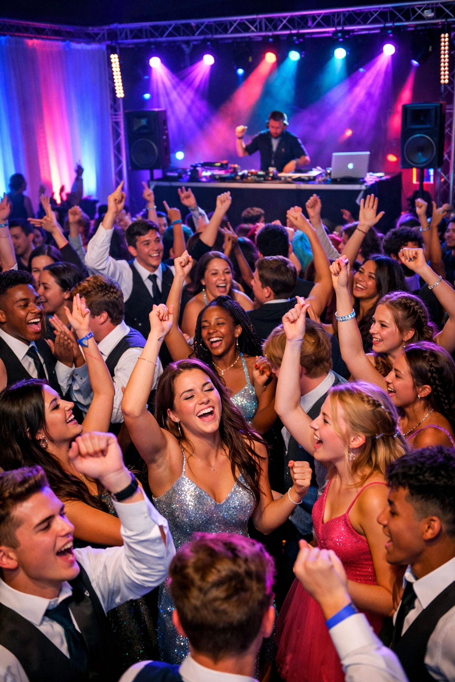 Students dancing at prom with professional DJ lighting and entertainment
